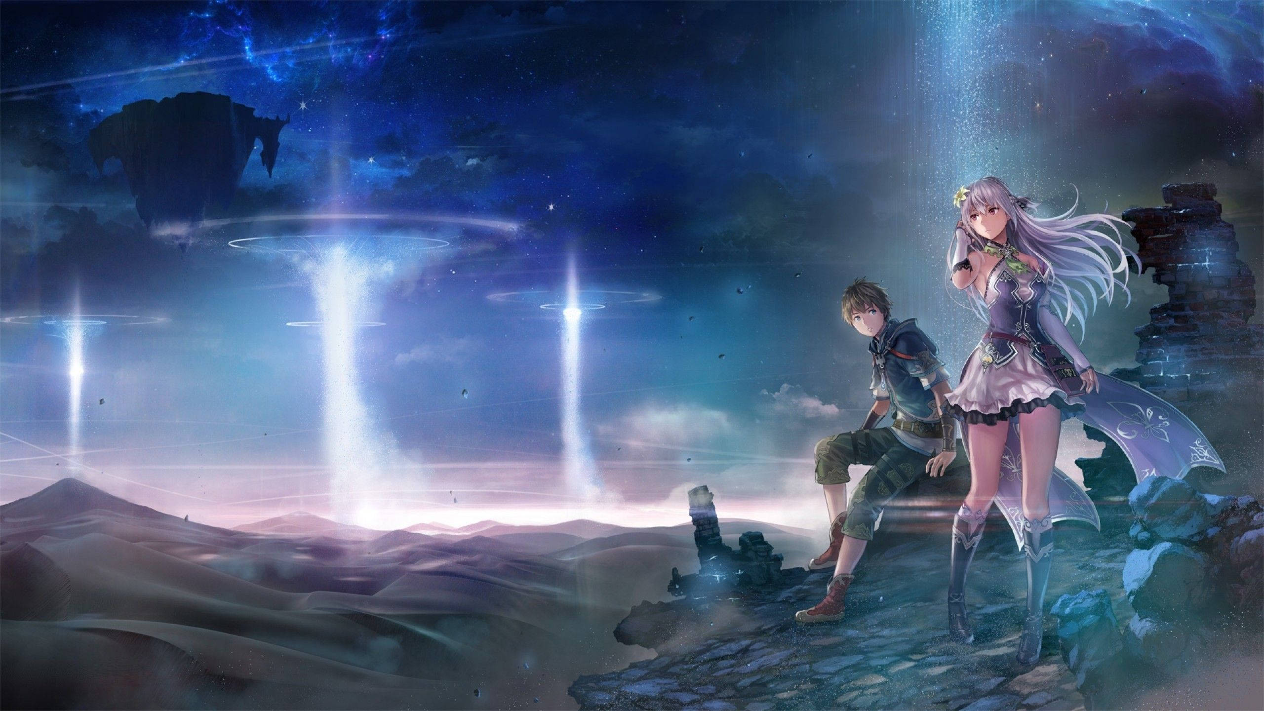 Anime Gaming 桌布 壁紙 — 兩個動漫角色站在懸崖上，俯瞰著一個沙漠，其中有發光的宇宙傳送門和漂浮的島嶼，在星空下。