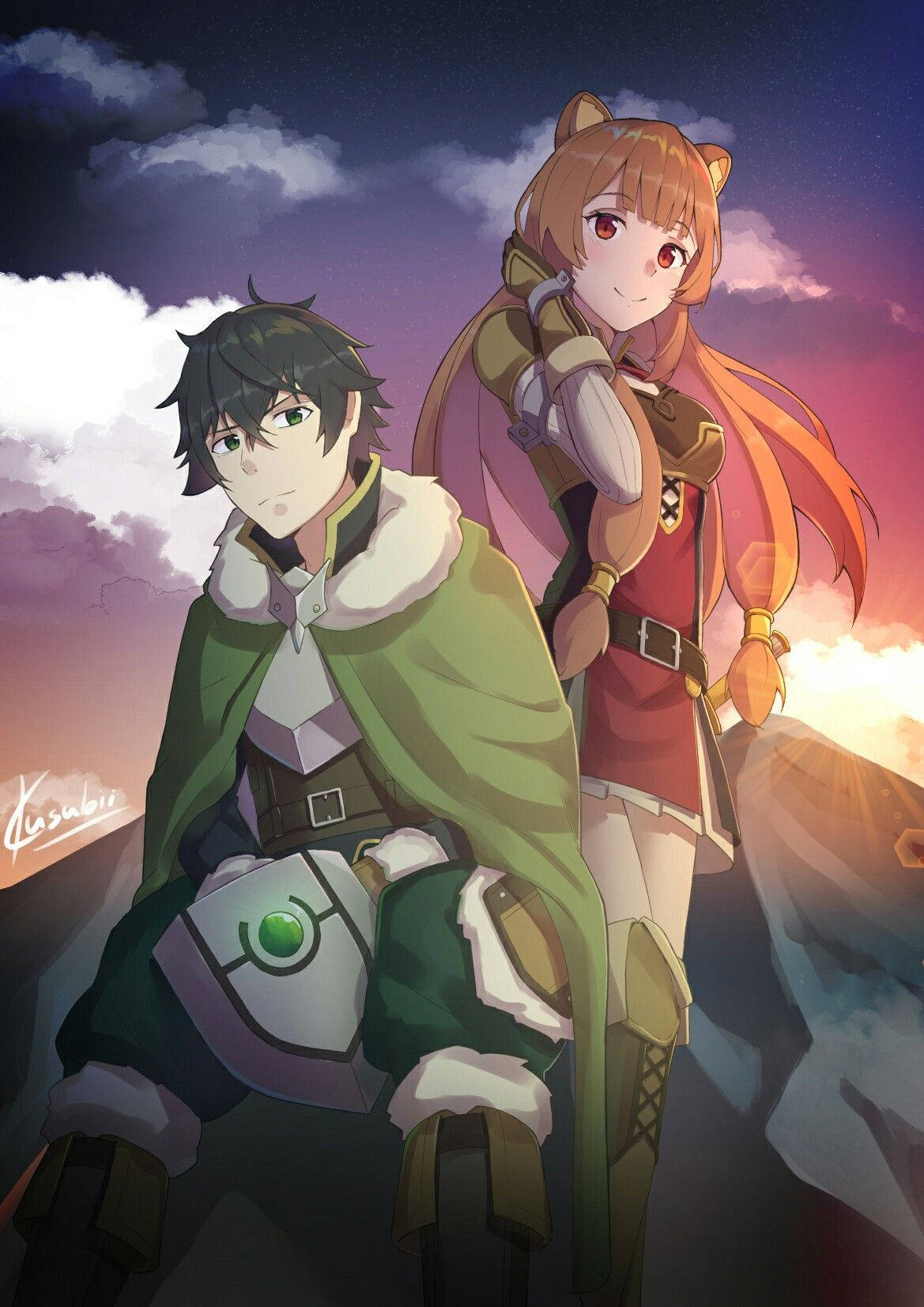Raphtalia 桌布 壁紙 — 兩個動漫角色站在懸崖頂上，夕陽西下，一個有貓耳，另一個披著綠色斗篷，背景是紫色天空。