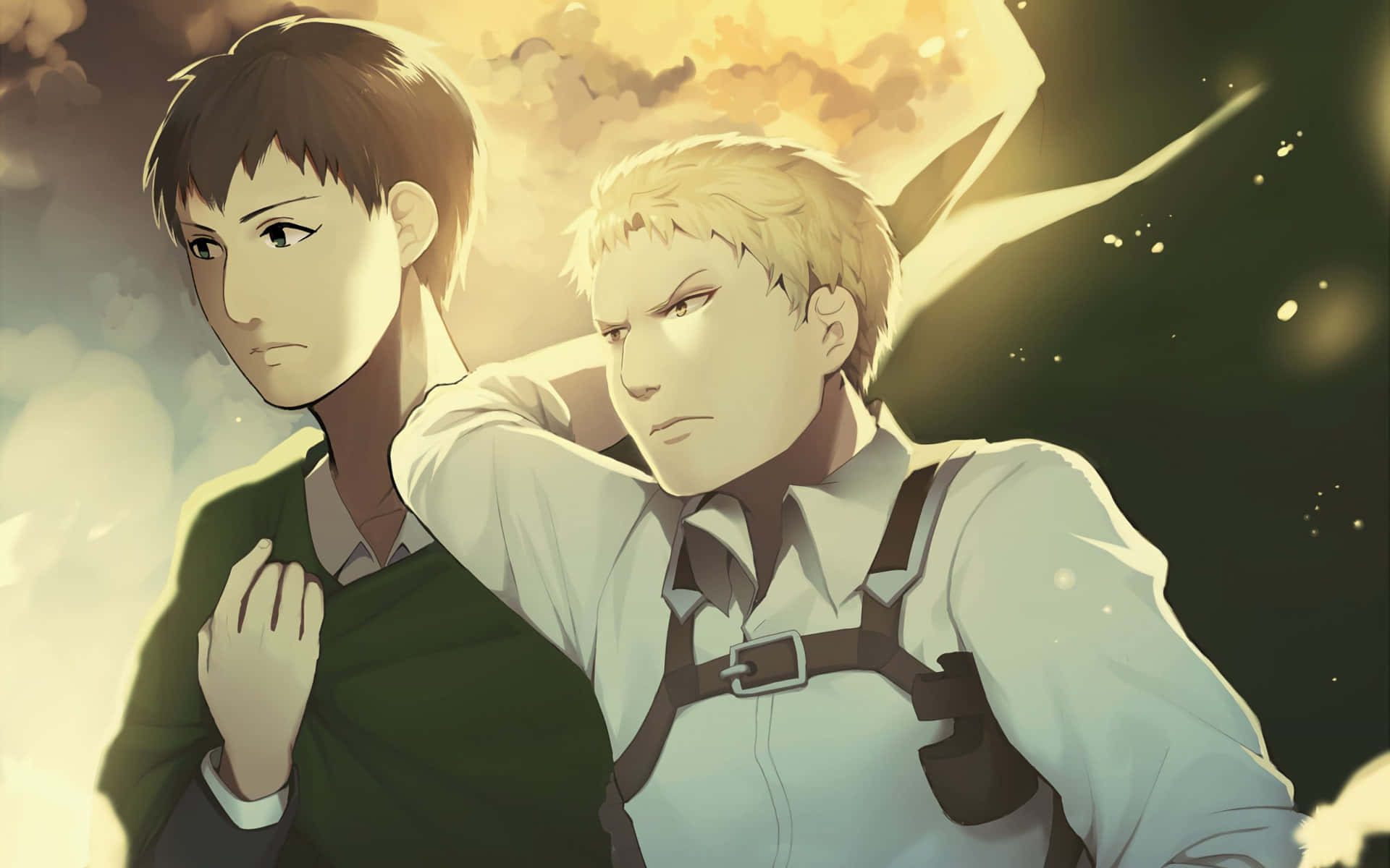 Attack On Titan Season 2 桌布 壁紙 — 兩個動漫角色站在戲劇性的背光中，金色雲朵和發光粒子在他們周圍旋轉。