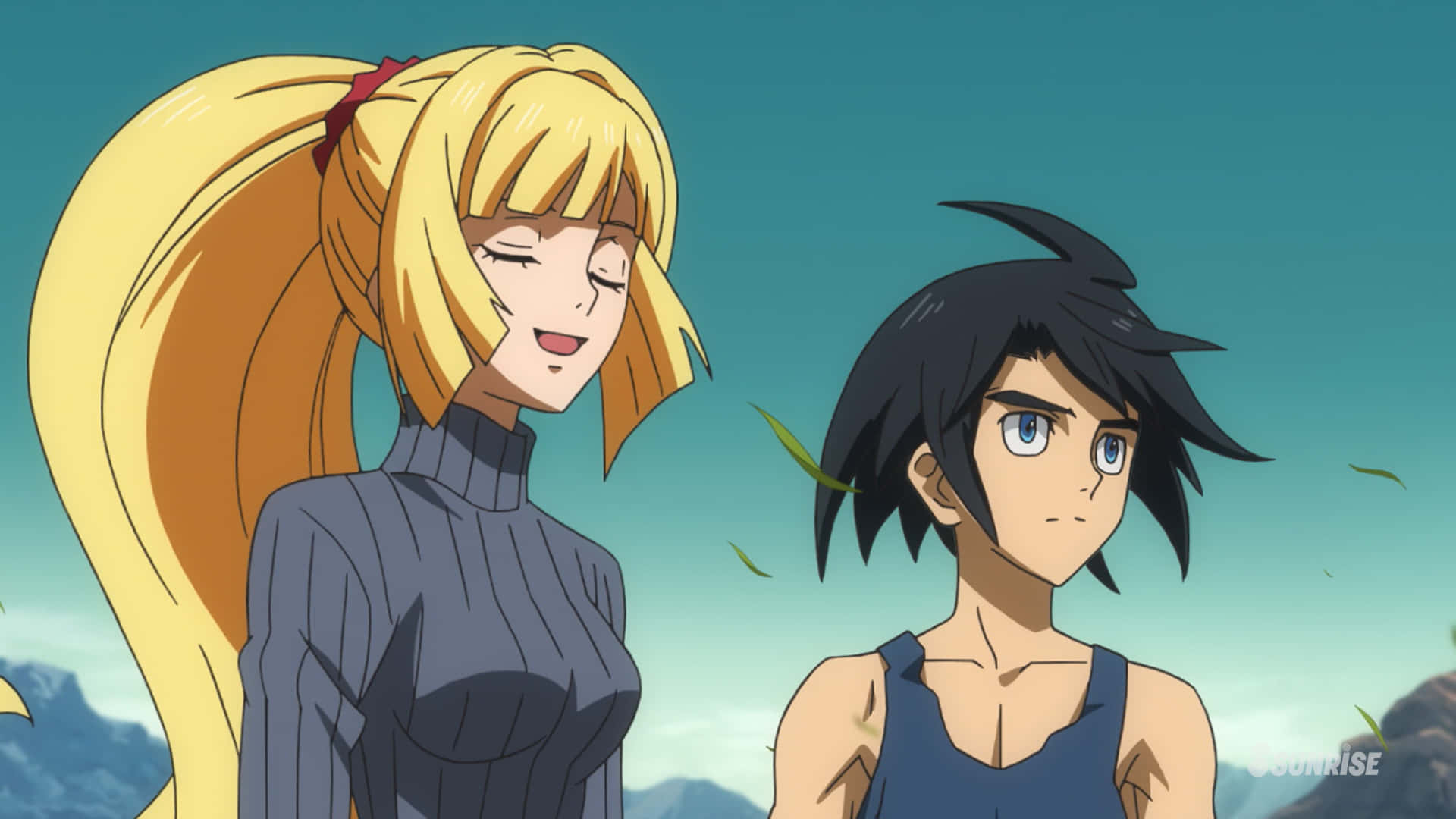 Mobile Suit Gundam Iron-blooded Orphans 桌布 壁紙 — 兩個動漫角色站在戶外，一個留著長長的金髮微笑，另一個黑髮表情嚴肅，背景是藍綠色天空。