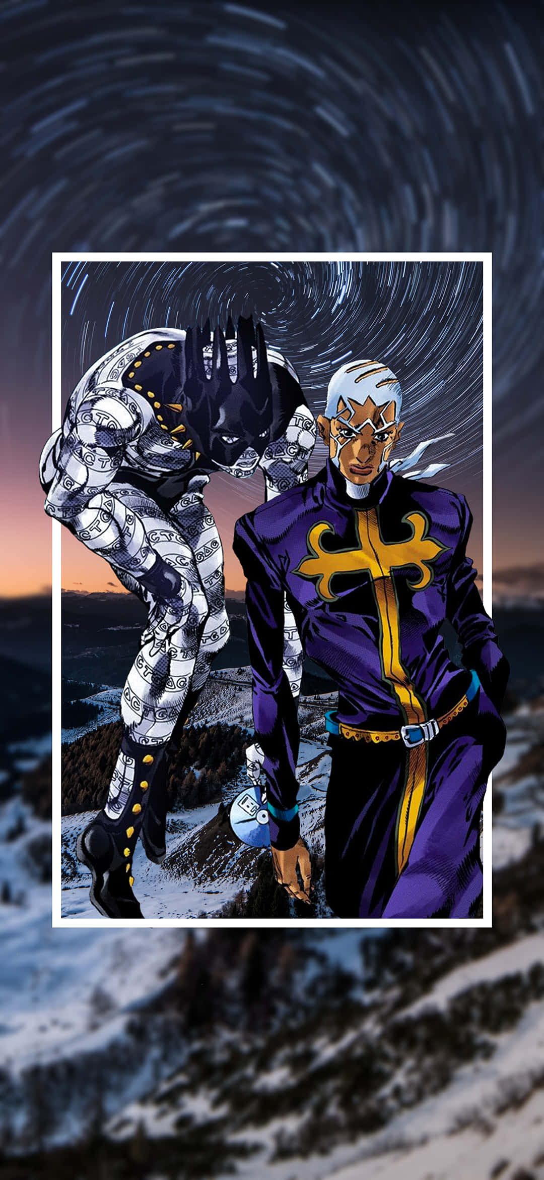 Enrico Pucci 桌布 壁紙 — 兩個動漫角色站在日落時分旋轉星空下的雪山頂上。