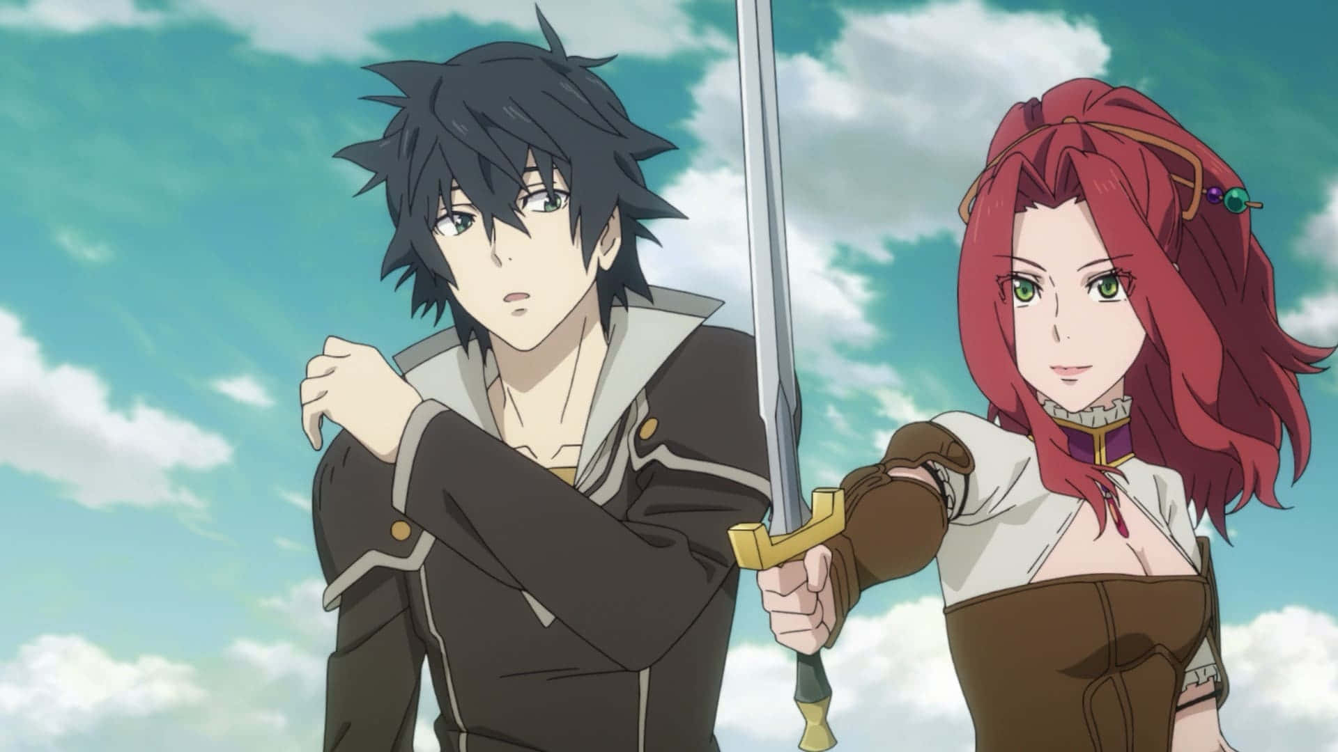 Shield Hero 桌布 壁紙 — 兩個動漫角色站在明亮的天空下，一個手持劍，另一個帶著堅定的表情向前看。