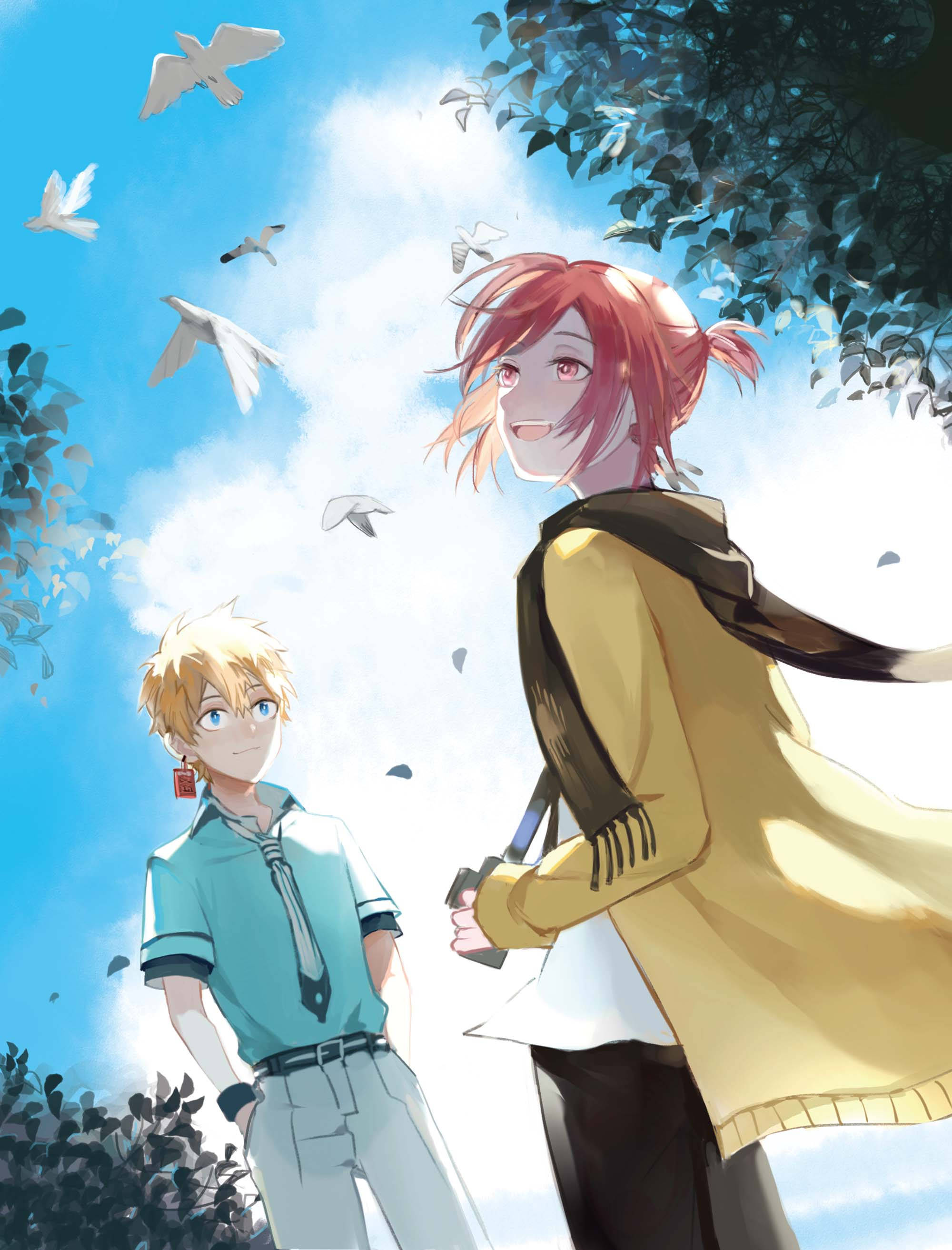 mitsuba sousuke 桌布 壁紙 — 兩個動漫角色站在明亮的藍天下，白鳥在他們周圍的綠樹間飛翔。