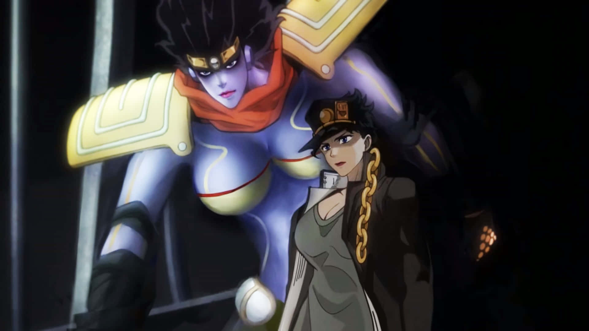 Jotaro 桌布 壁紙 — 兩個動漫角色站在昏暗的光線中，一個身穿金色盔甲、紫色皮膚，另一個身穿深色外套、戴著金鏈。