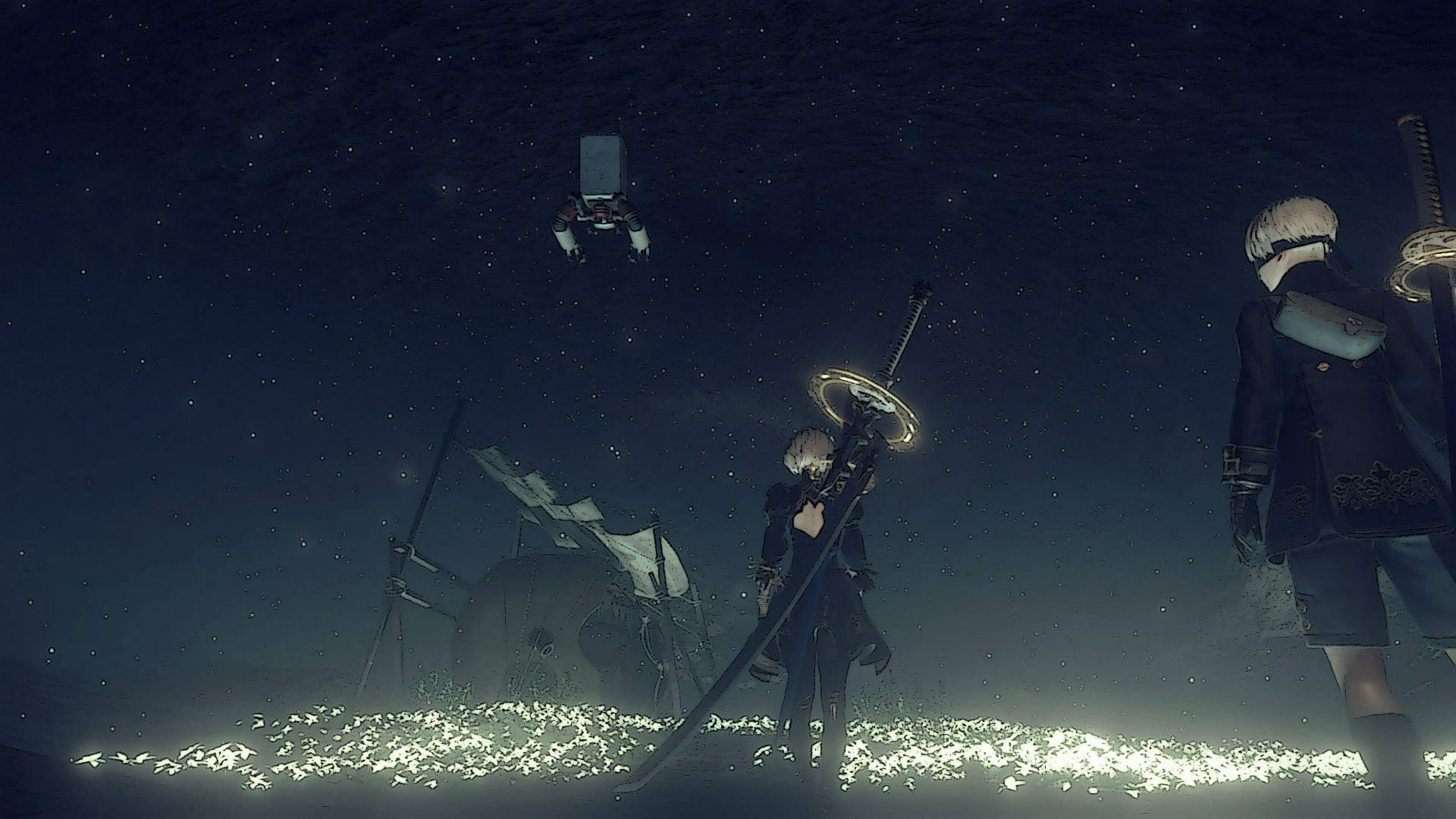 Nier 桌布 壁紙 — 兩個動漫角色站在星光燦爛的夜晚田野中，周圍是發光的白色花朵，上方漂浮著一個機械無人機。