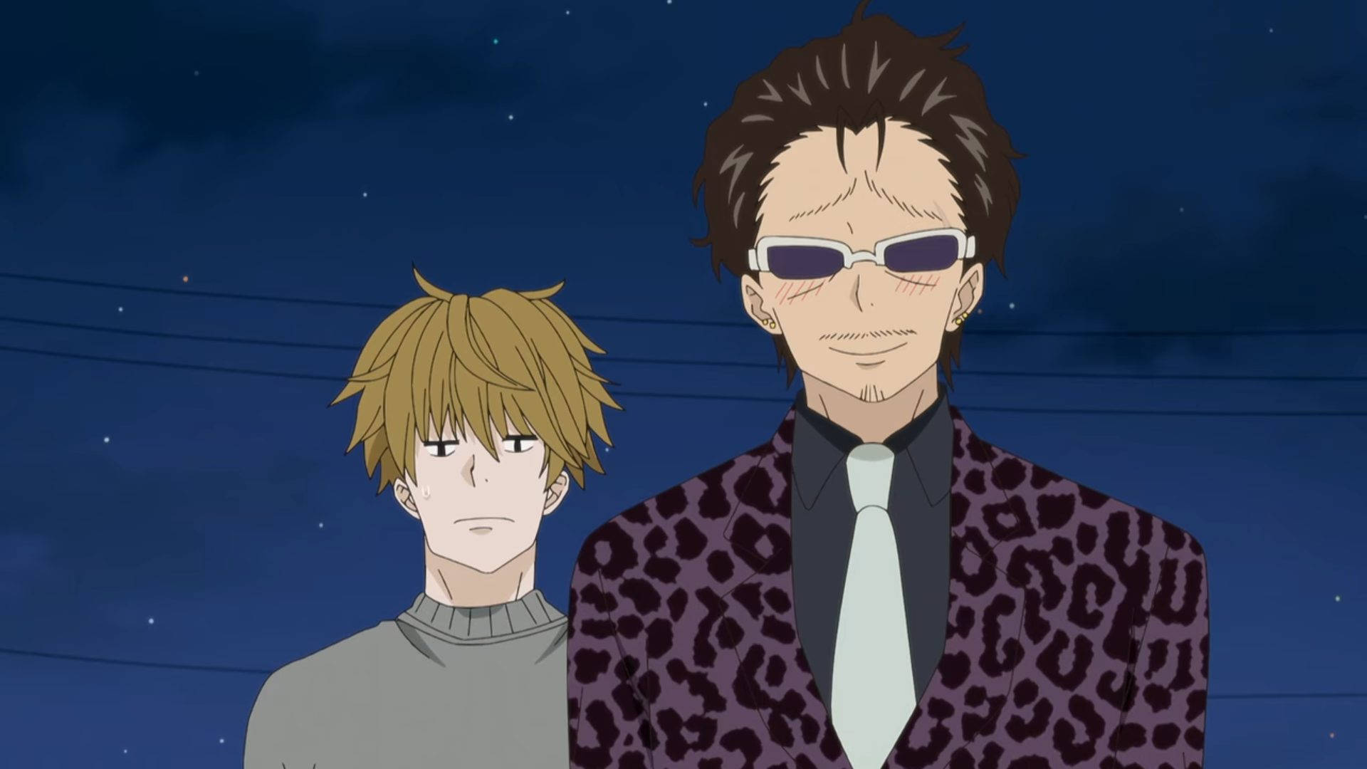 Kotaro 桌布 壁紙 — 兩個動漫角色站在星空下，一個穿著豹紋西裝和太陽眼鏡，另一個穿著灰色毛衣。