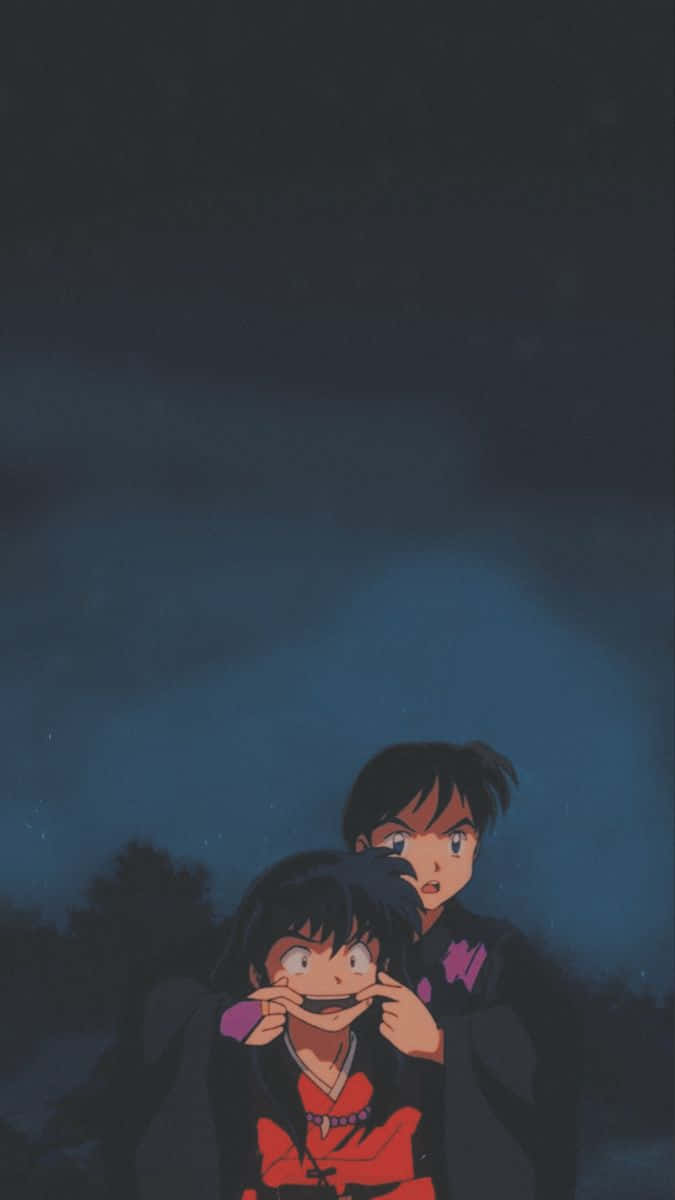Inuyasha And Miroku 桌布 壁紙 — 兩個動漫角色站在星空下，其中一個頑皮地拉著另一個的臉頰。