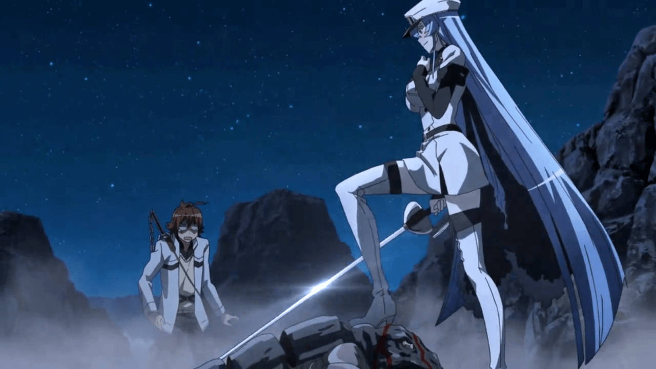 Esdeath 桌布 壁紙 — 兩個動漫角色站在星空夜晚的山景中，一個有白色長髮和劍，另一個有棕色頭髮和弓。