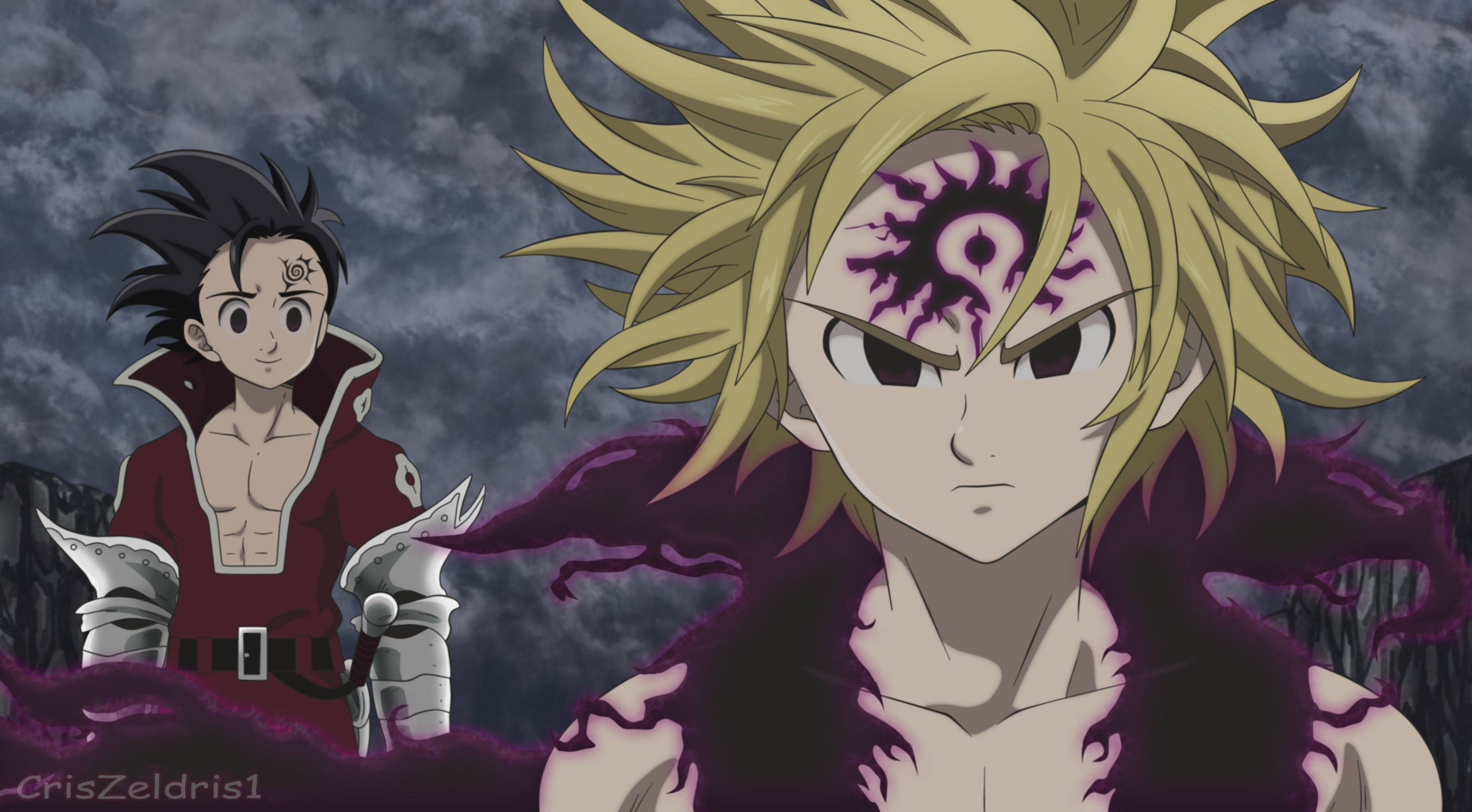 Seven Deadly Sins 桌布 壁紙 — 兩個動漫角色站在暴風雨的天空下，一個有尖刺金髮和紫色標記，另一個有黑髮和紅色盔甲。