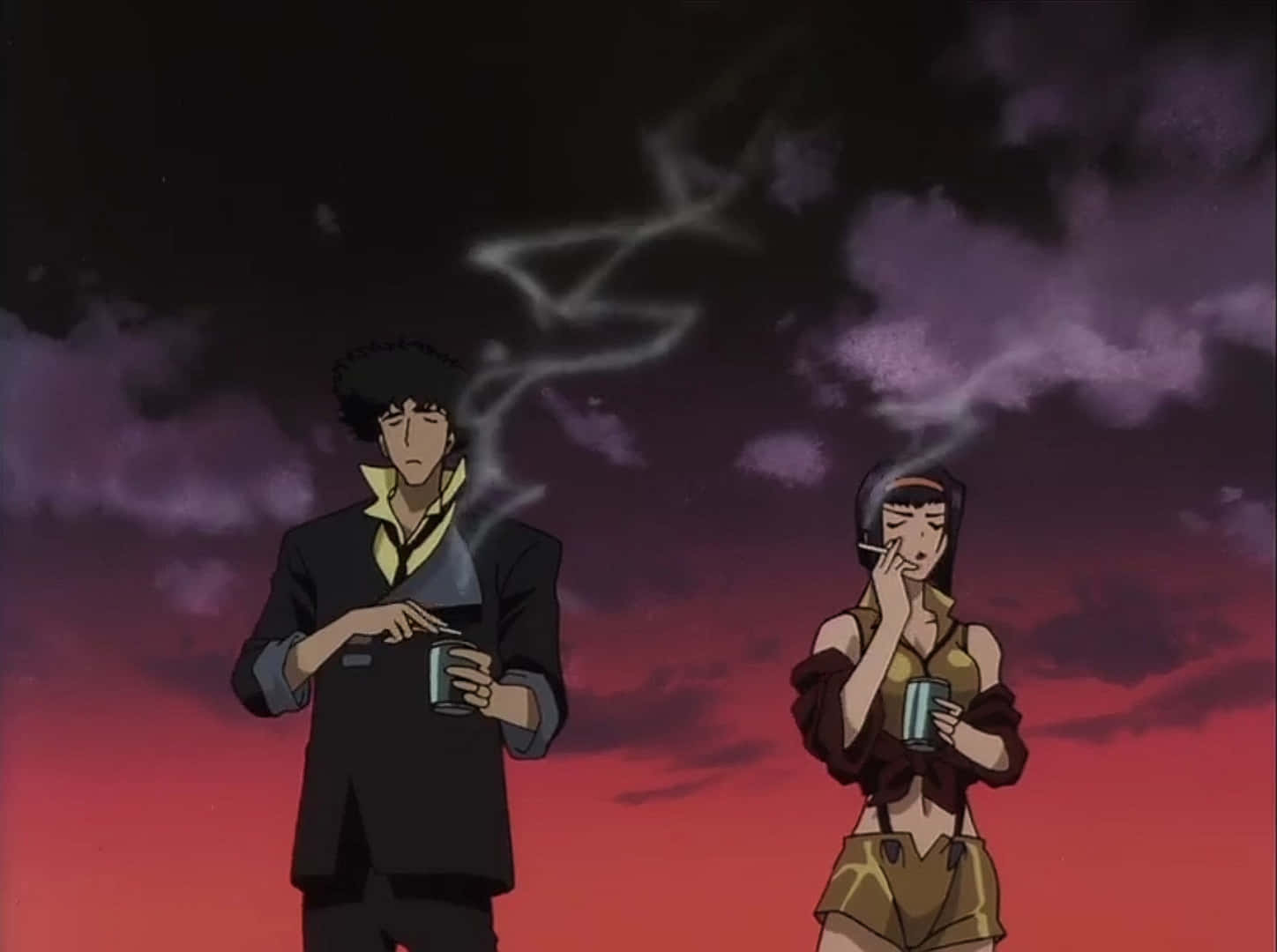 Faye Valentine 桌布 壁紙 — 兩個動漫角色站在暴風雨般的紫色和紅色天空下，抽煙，煙霧向上盤旋。