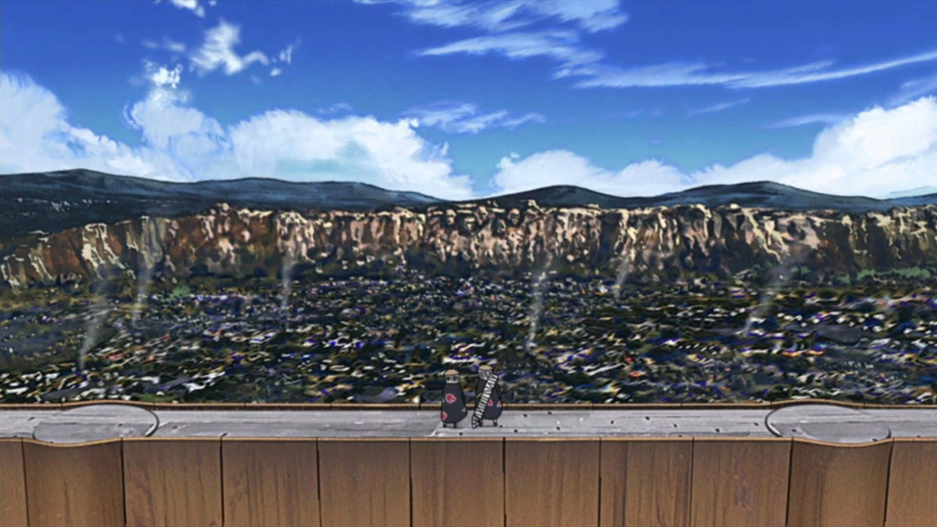 Konoha 桌布 壁紙 — 兩個動漫角色站在木欄杆上，俯瞰著一座坐落於巨大懸崖腳下、在明亮藍天下延伸的城市。