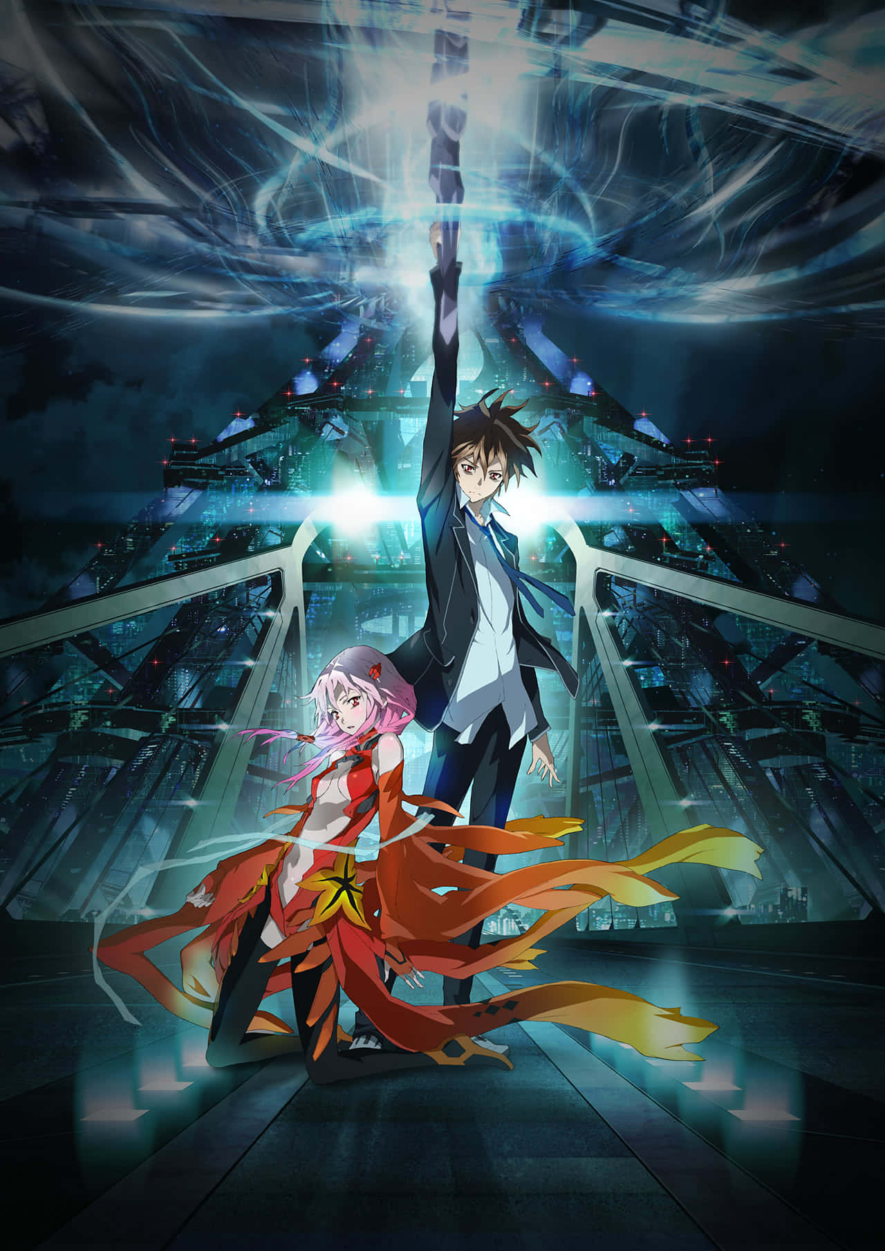 Guilty Crown 桌布 壁紙 — 兩個動漫角色站在未來城市景觀中，其中一個在旋轉的藍色能量和霓虹燈光中揮舞著發光的法杖。