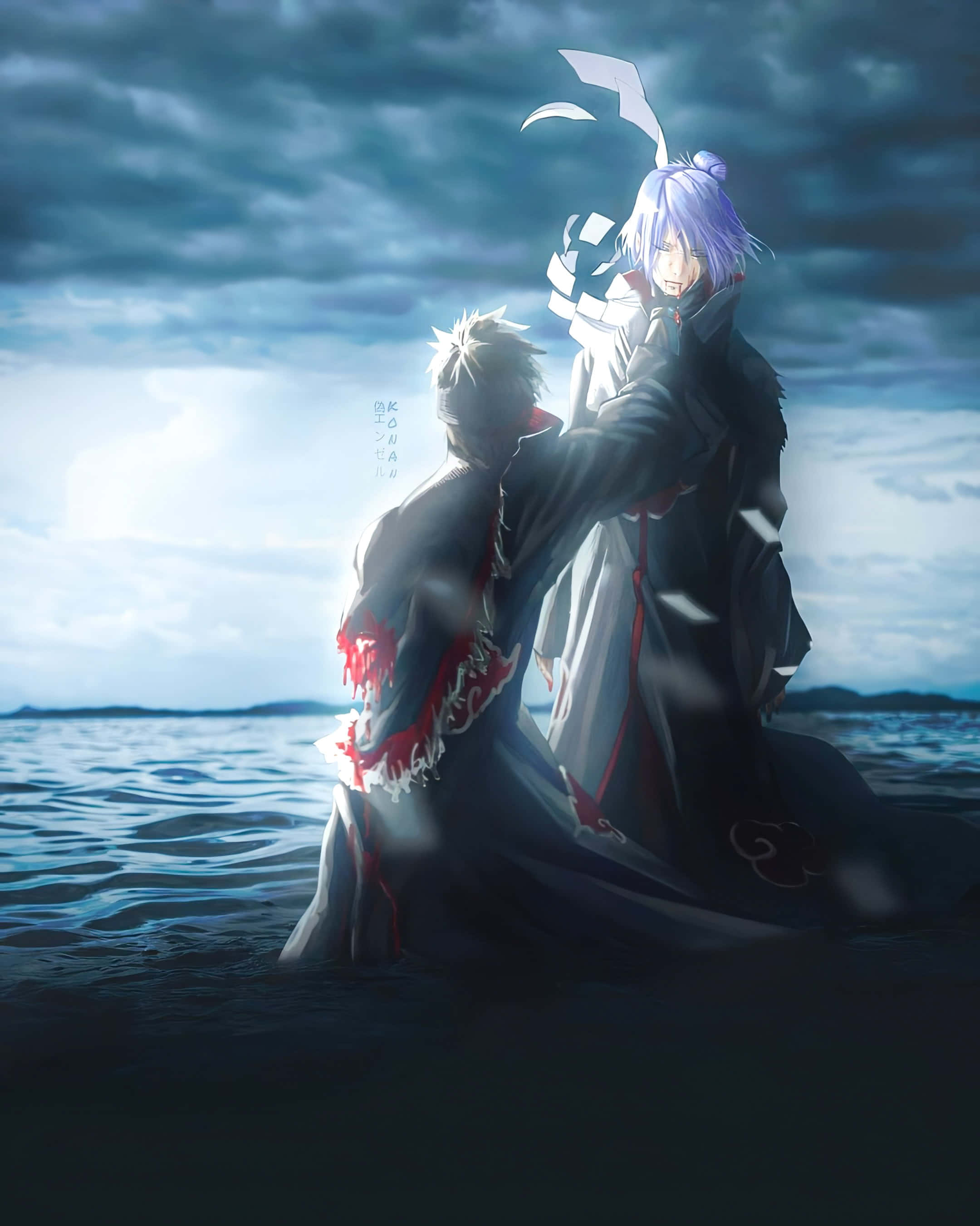 Konan 桌布 壁紙 — 兩個動漫角色站在水中，天空風雨交加，一個白髮紅紋，另一個紫髮披風。