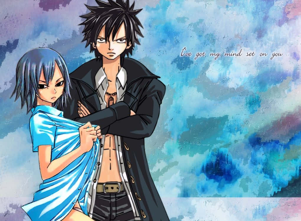 Gray Fullbuster 桌布 壁紙 — 兩個動漫角色站在水彩天空前，上面寫著『I've got my mind set on you』。