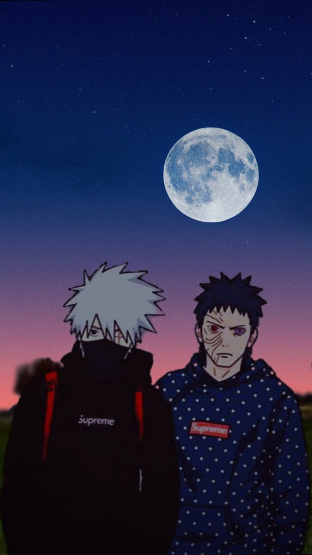 火影忍者 桌布 壁紙 — 兩個動漫角色站在滿月下，背景是帶有星星的暮色天空。