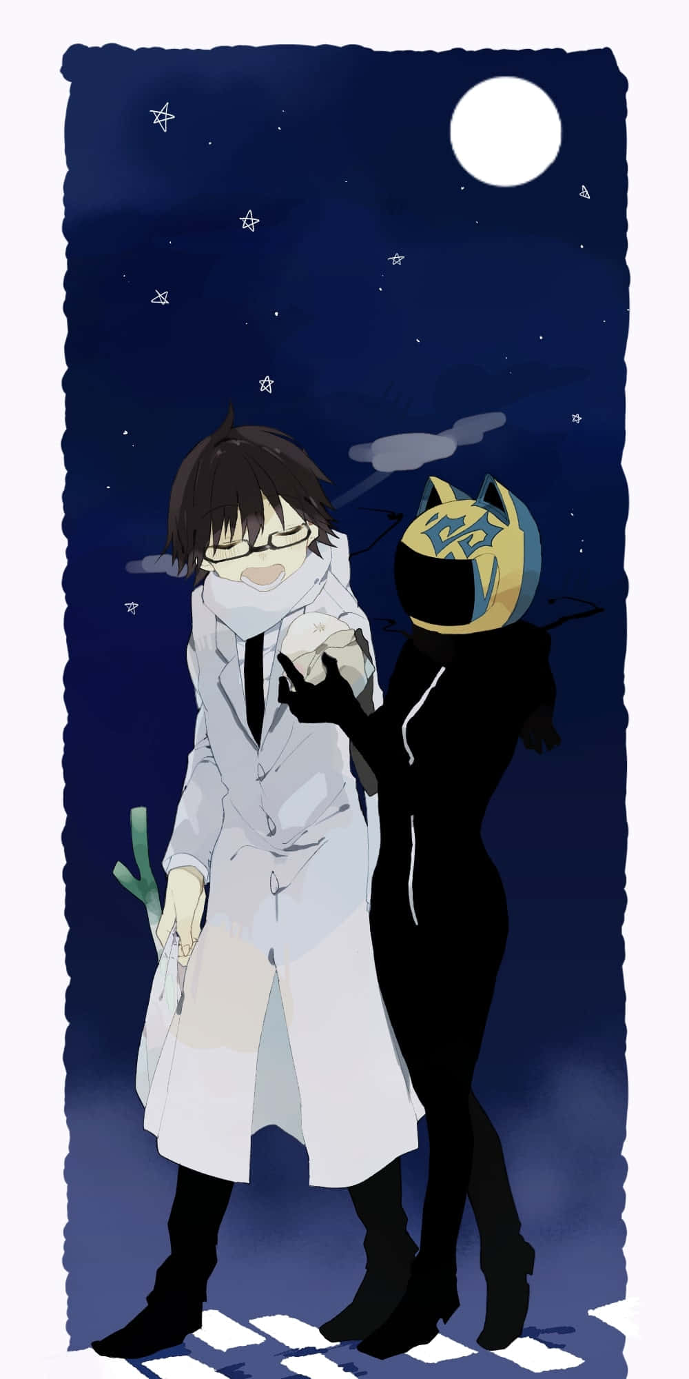 Shinra Kishitani 桌布 壁紙 — 兩個動漫角色站在滿月星空下，一個穿白色外套，另一個穿黑色衣服戴貓頭盔。