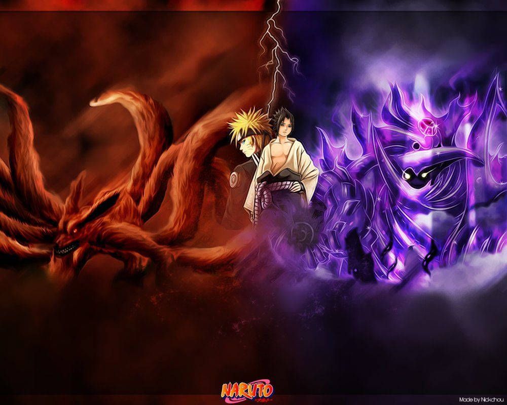 兩個動漫忍者在暴風雨中面對巨大的狐狸和惡魔召喚物。 — 酷 naruto 壁紙