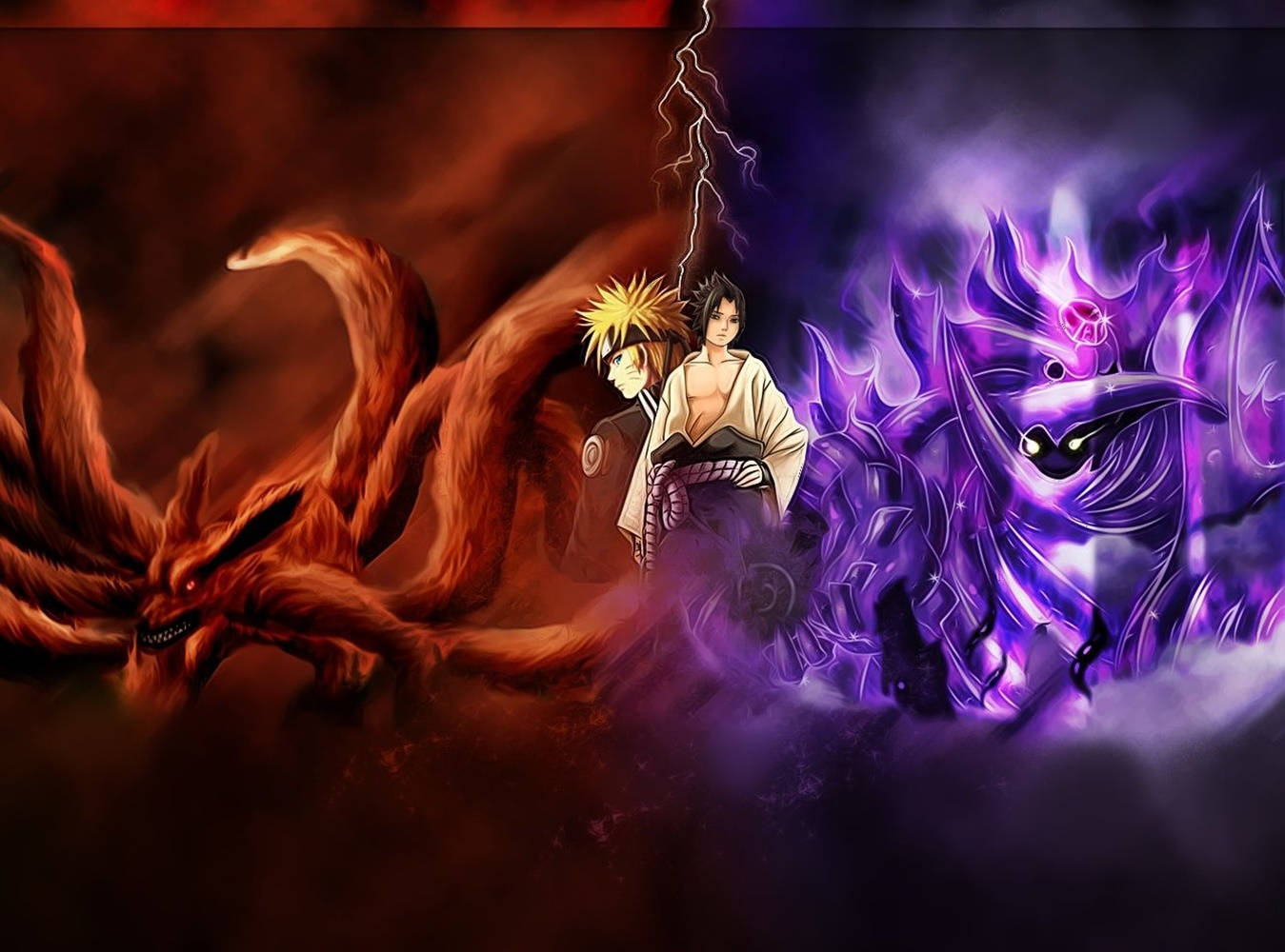 naruto sasuke 桌布 壁紙 — 兩個動漫角色站在火橙色九尾狐和帶閃電的威脅性紫色九尾狐之間。