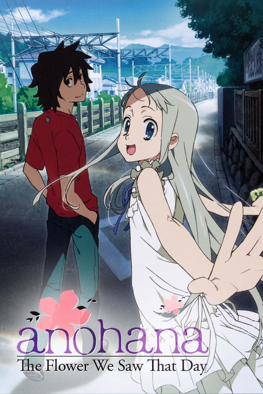 Anohana 桌布 壁紙 — 兩個動漫角色站在火車站月台上，背景是明亮的藍天、遠山和櫻花。