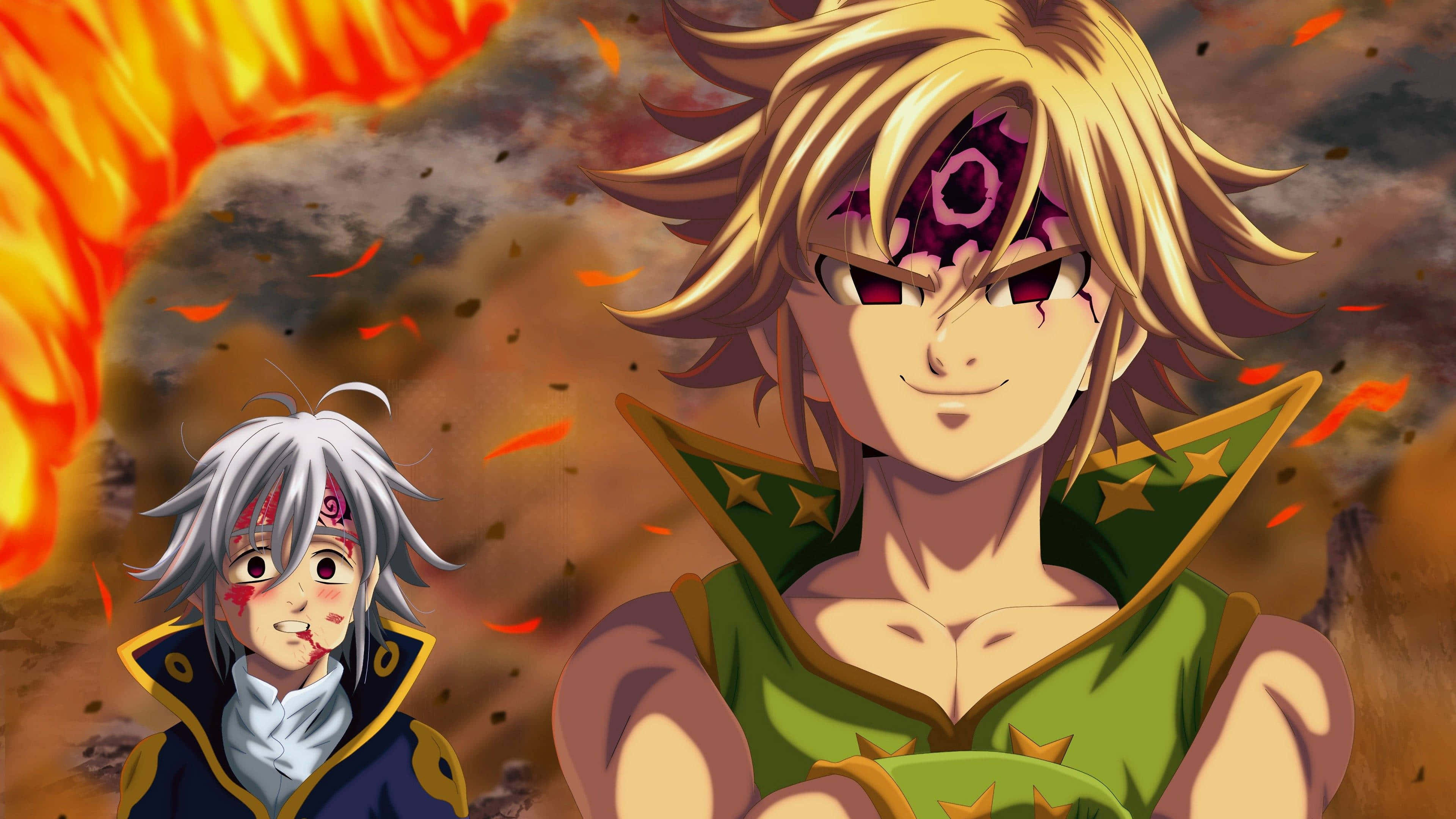 Seven Deadly Sins 4K 桌布 壁紙 — 兩個動漫角色站在烈火混亂中，一個自信地微笑，另一個顯得震驚。