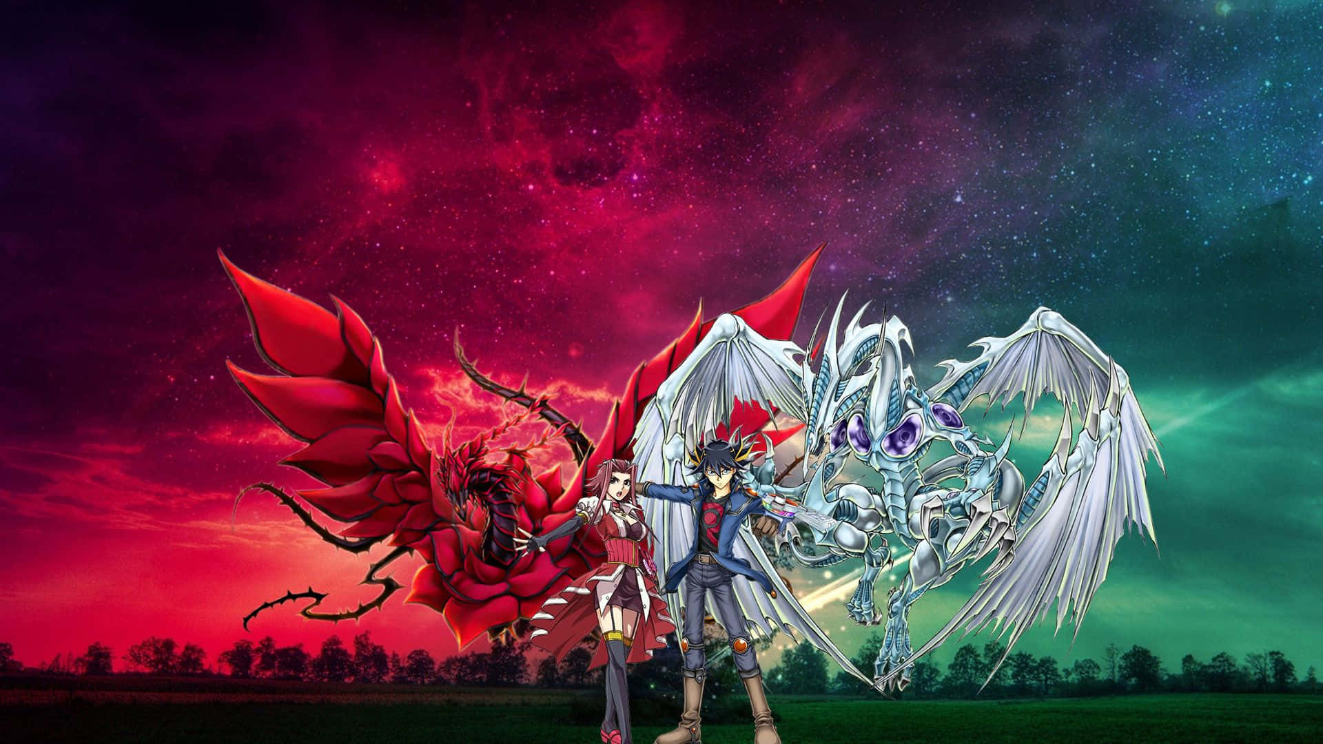 Yugioh Dragons 桌布 壁紙 — 兩個動漫角色站在田野中，兩側有一條紅龍和一條白龍，背景是充滿活力的宇宙天空。