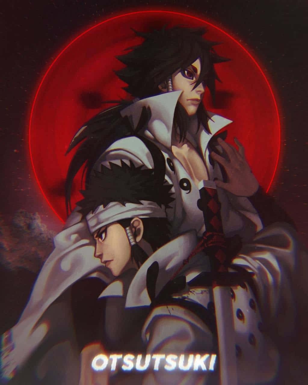 Indra ōtsutsuki 桌布 壁紙 — 兩個動漫角色站在發光的紅月前，帶有戲劇性的燈光和強烈的表情。