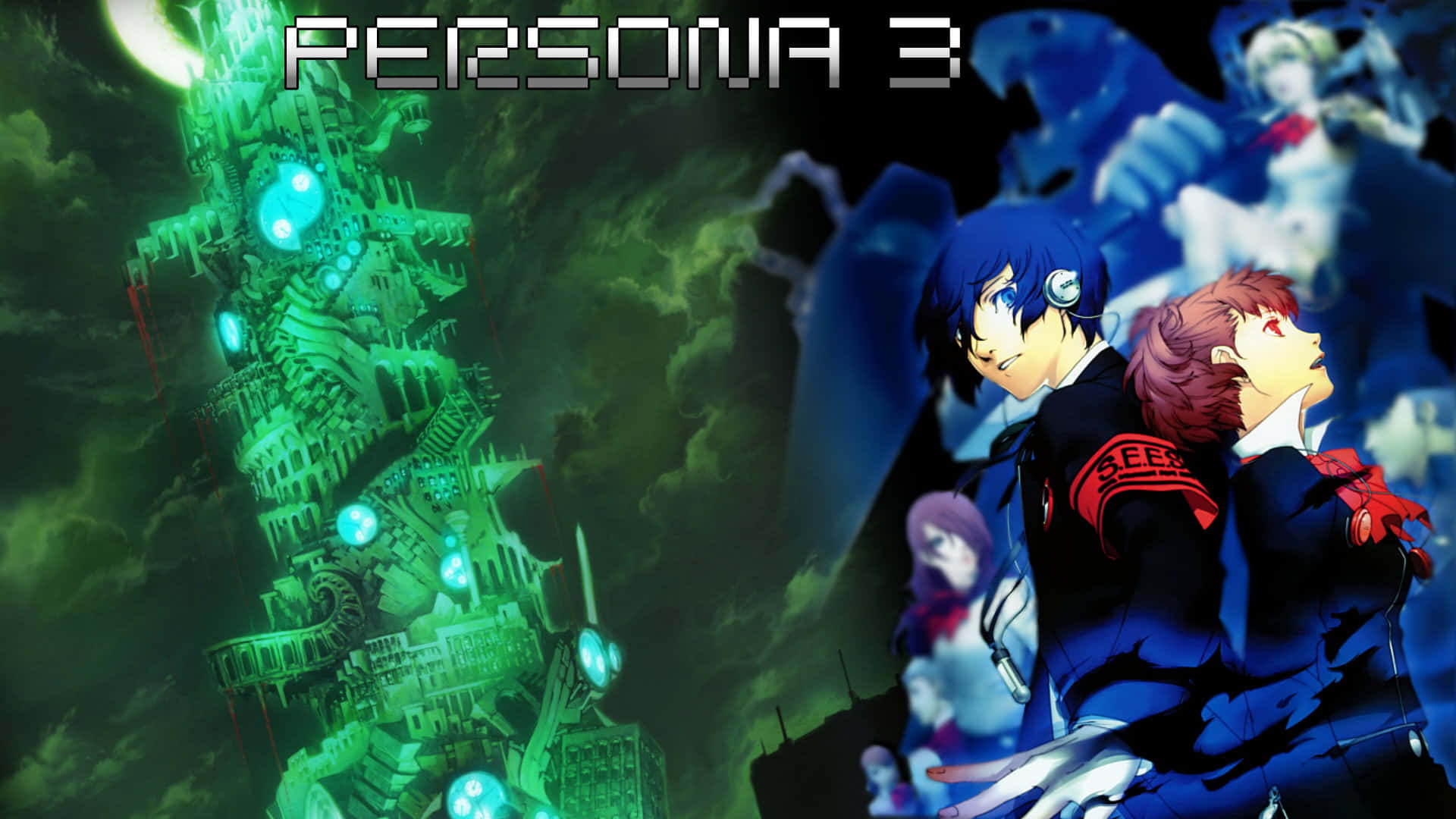 persona 5 4K 桌布 壁紙 — 兩個動漫角色站在發光的綠色塔樓前，天空風暴密佈，上方有標題 Persona 3。