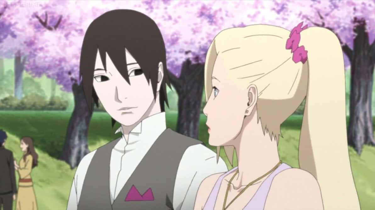 Ino Yamanaka 桌布 壁紙 — 兩個動漫角色站在盛開的櫻花樹下，身處寧靜的公園環境中。