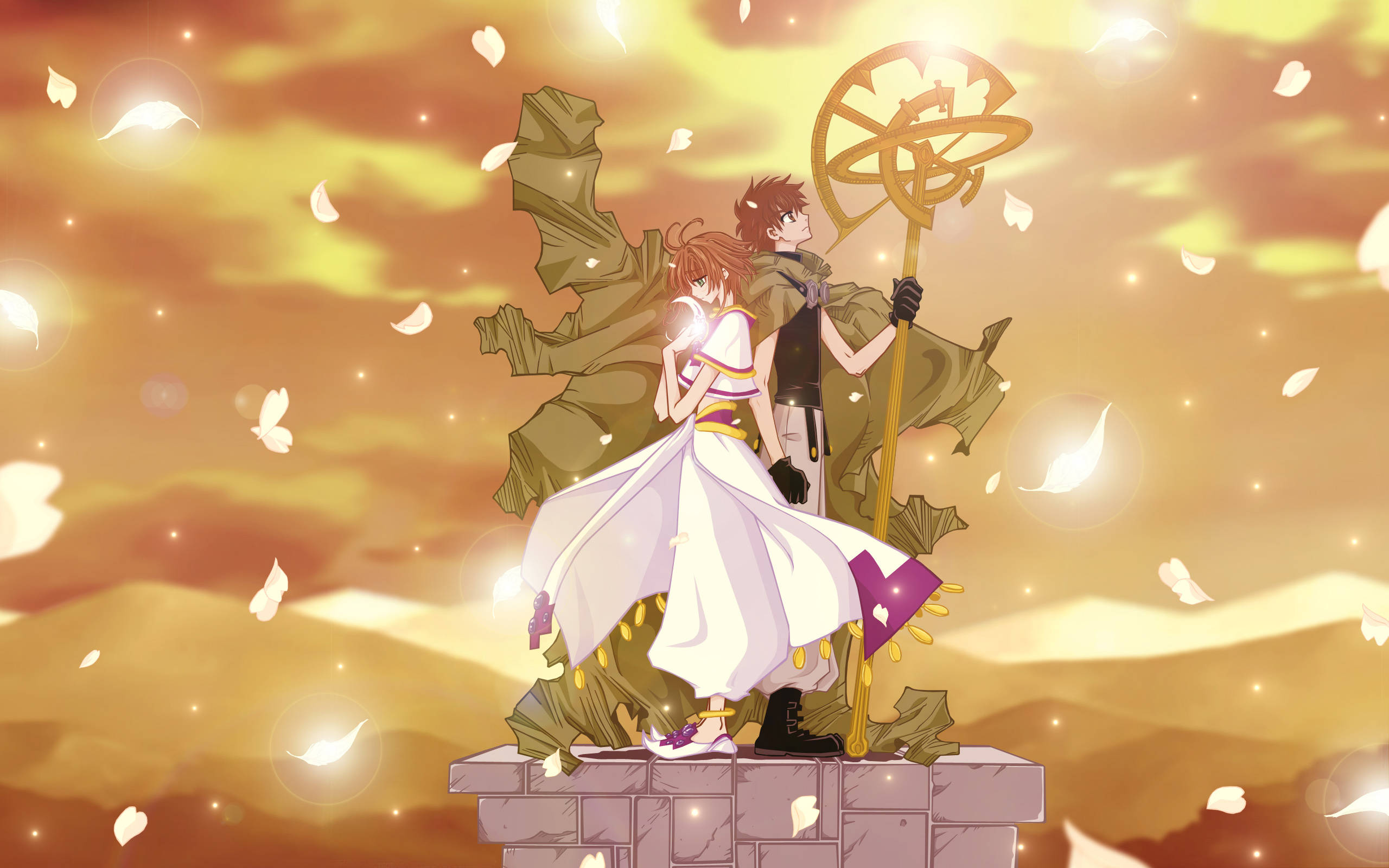tsubasa reservoir chronicle 桌布 壁紙 — 兩個動漫角色站在石頭廢墟上，金色夕陽天空下，花瓣在他們周圍飄舞。