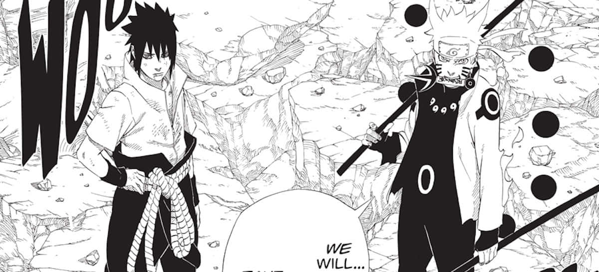 Naruto Manga 桌布 壁紙 — 兩個動漫角色站在破碎的岩石景觀中，帶有戲劇性的黑白線條和對話氣泡。