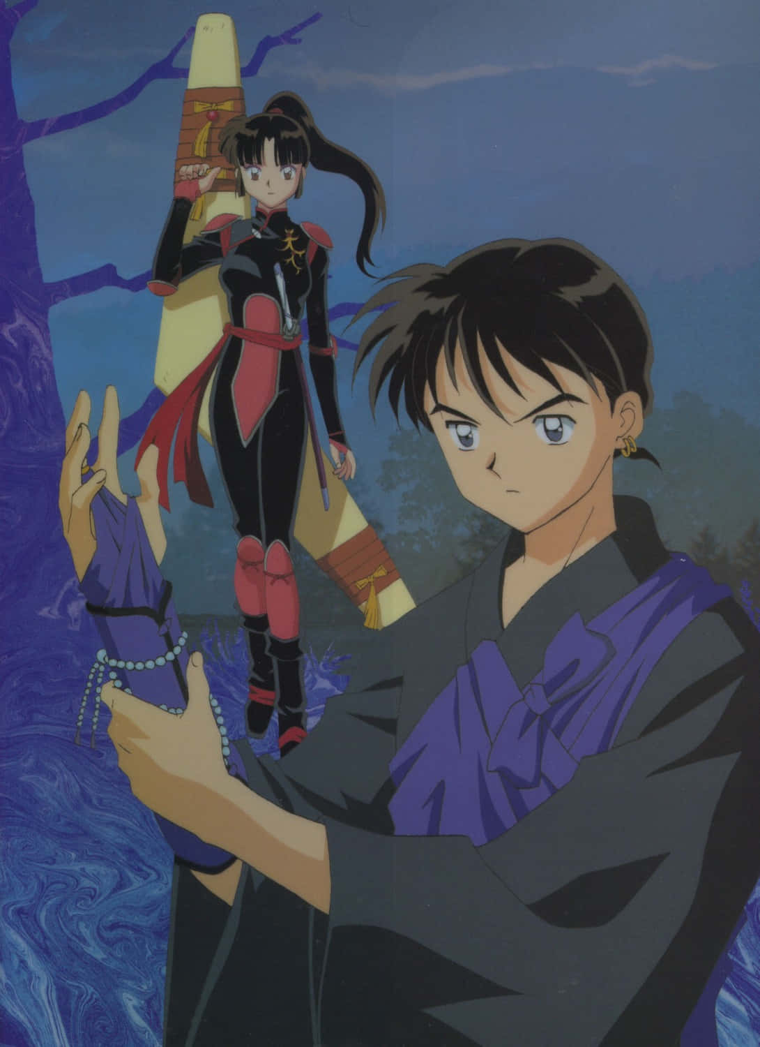 Miroku 桌布 壁紙 — 兩個動漫角色站在神秘暮色森林中，一個手持劍，另一個手持發光球體。