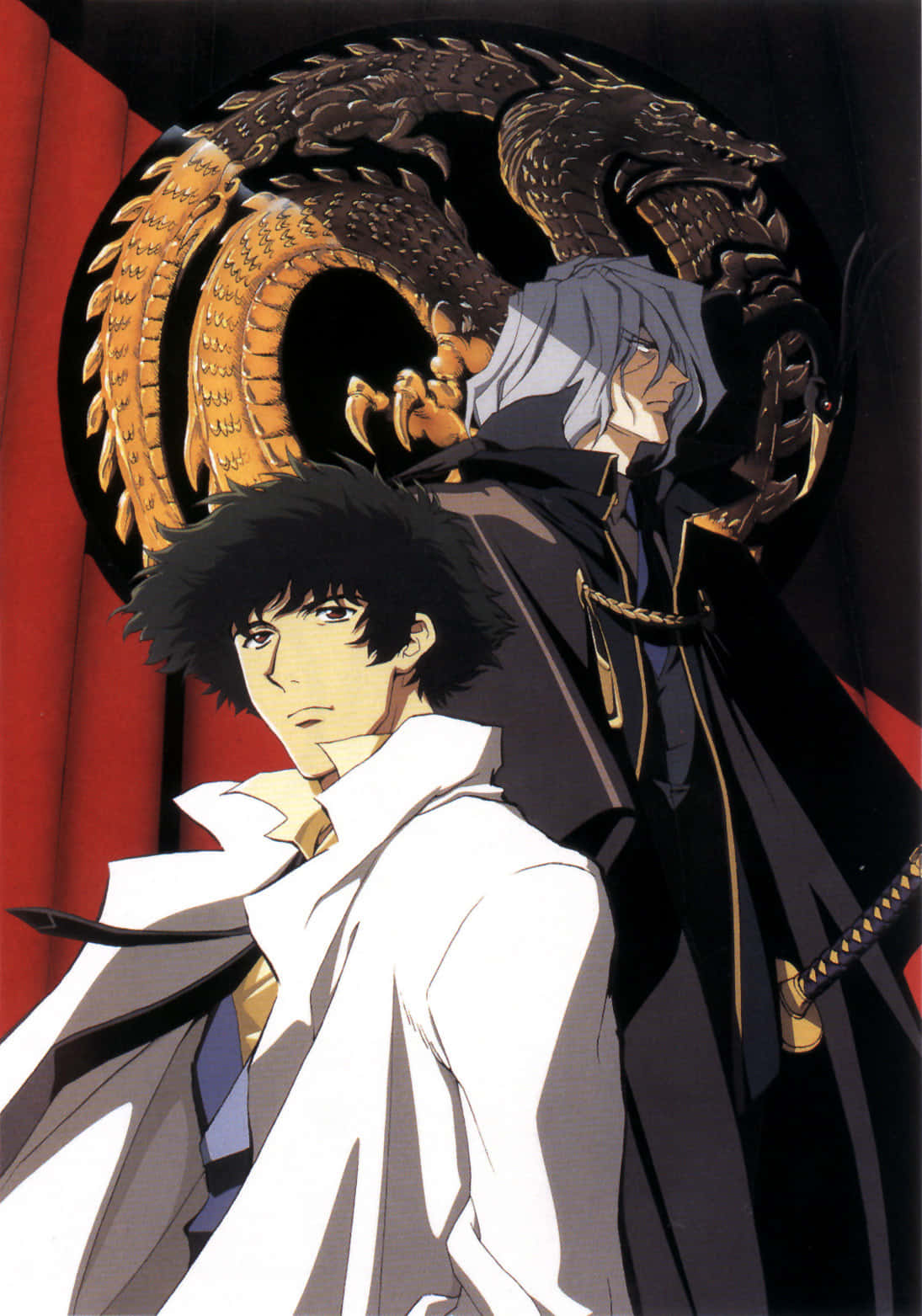 Cowboy Bebop Vicious 桌布 壁紙 — 兩個動漫角色站在紅色窗簾背景前，面前有一個盤繞的龍形徽章。