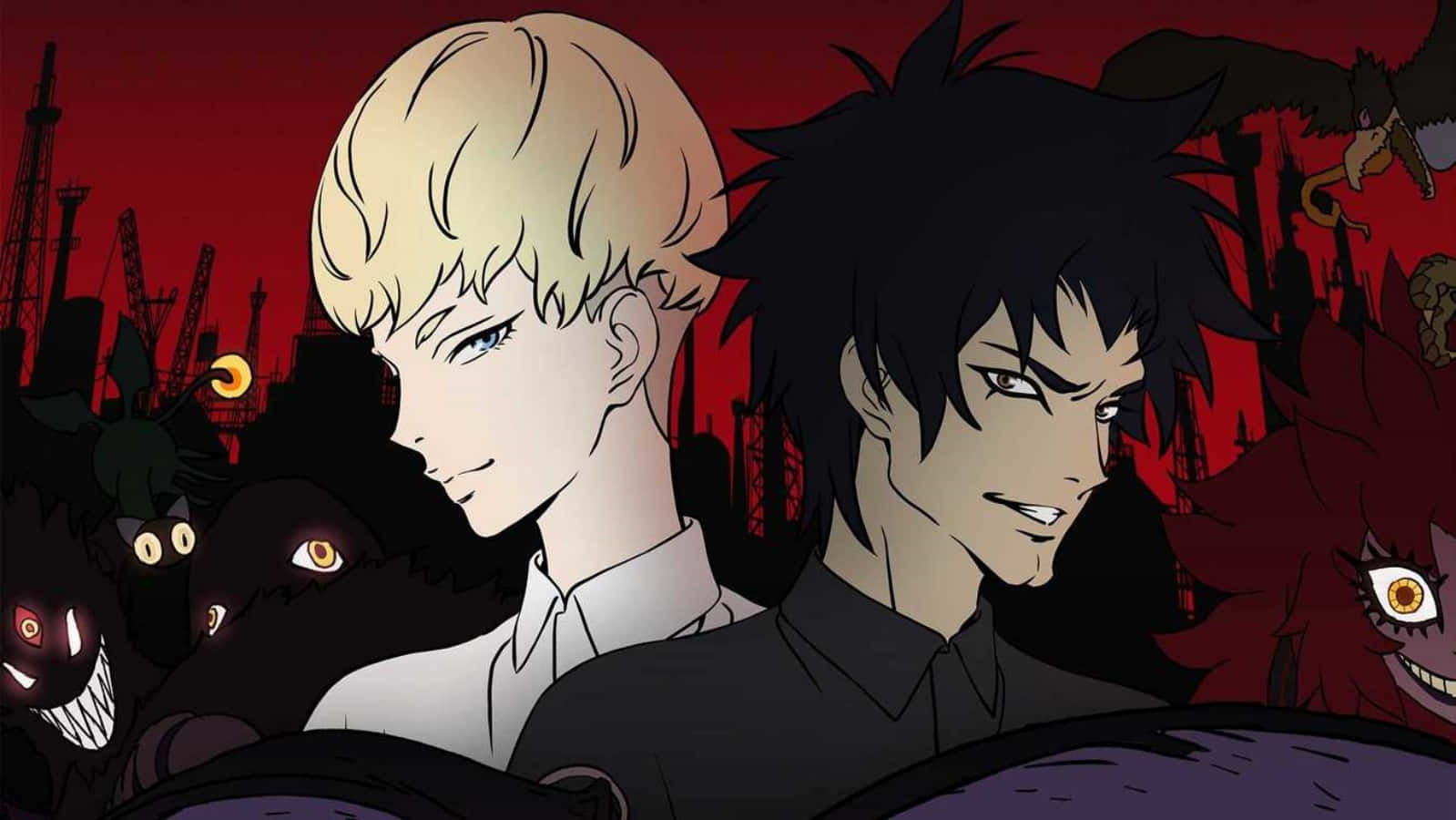 Devilman Crybaby 桌布 壁紙 — 兩個動漫角色站在紅色調的工業背景下，背後潛伏著發光眼睛的怪物。