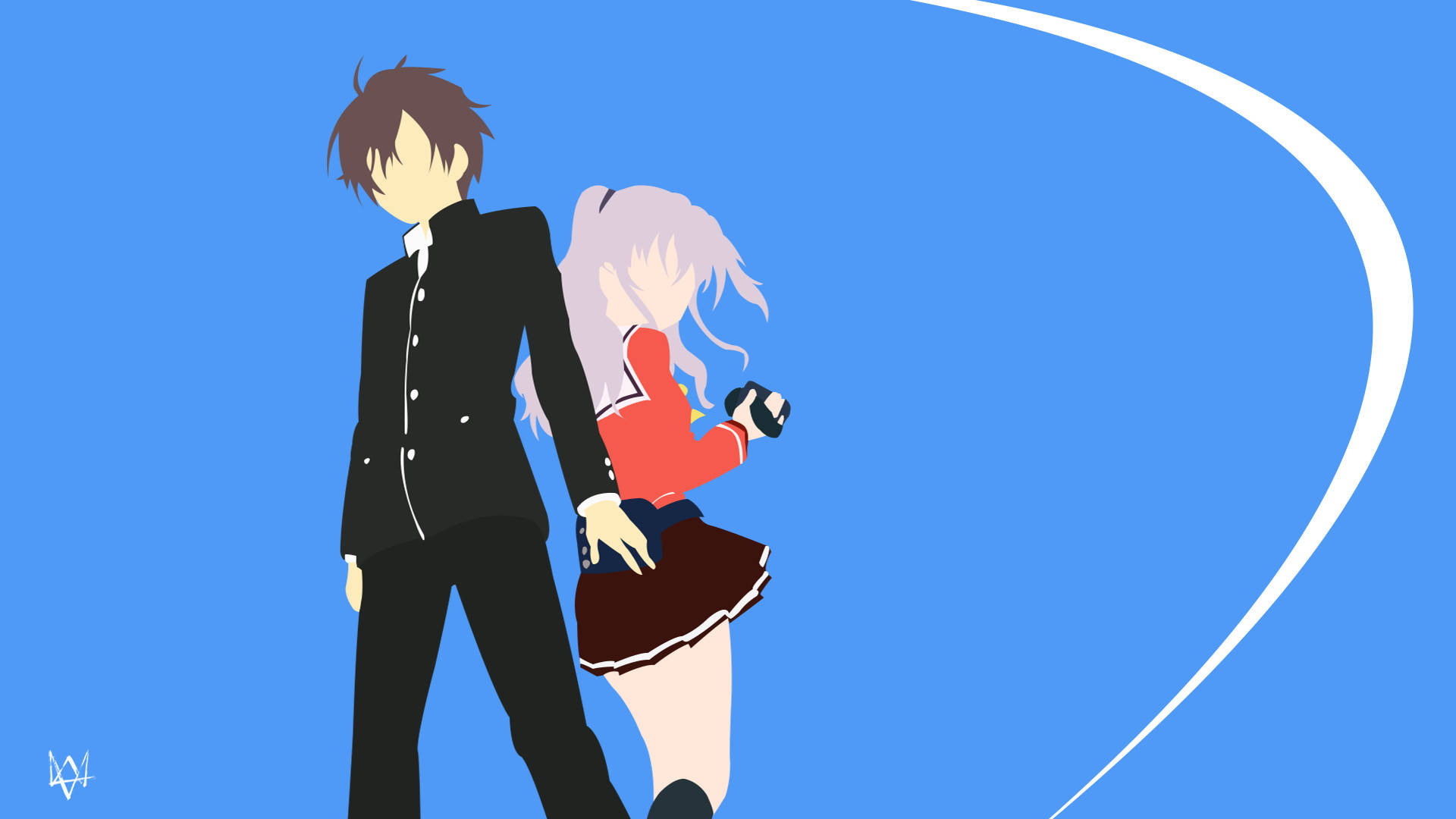 Minimalist Anime 桌布 壁紙 — 兩個動漫角色站在純藍色背景前，身後有一條白色曲線。