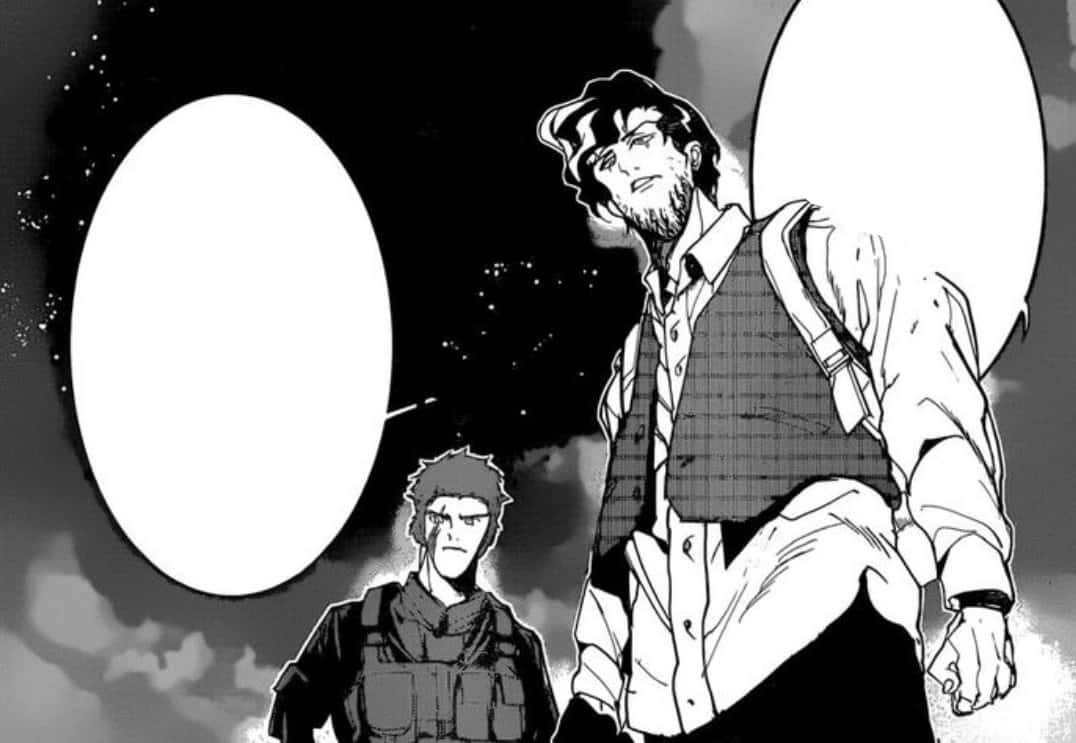The Promised Neverland Lucas 桌布 壁紙 — 兩個動漫角色站在繁星點點的夜空下，背後有發光的球體。