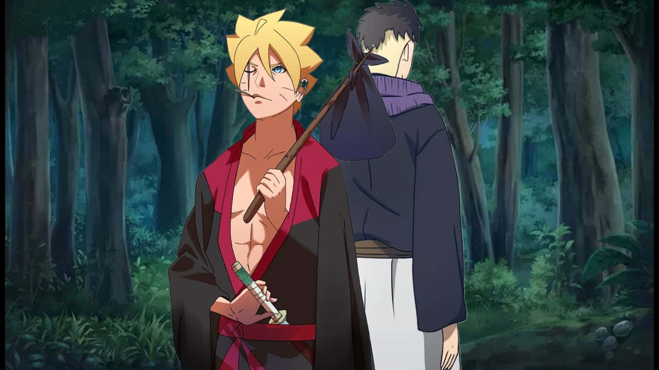Adult Boruto 桌布 壁紙 — 兩個動漫角色站在茂密的森林中，一個金色刺蝟頭手持劍，另一個黑髮披風背對著。