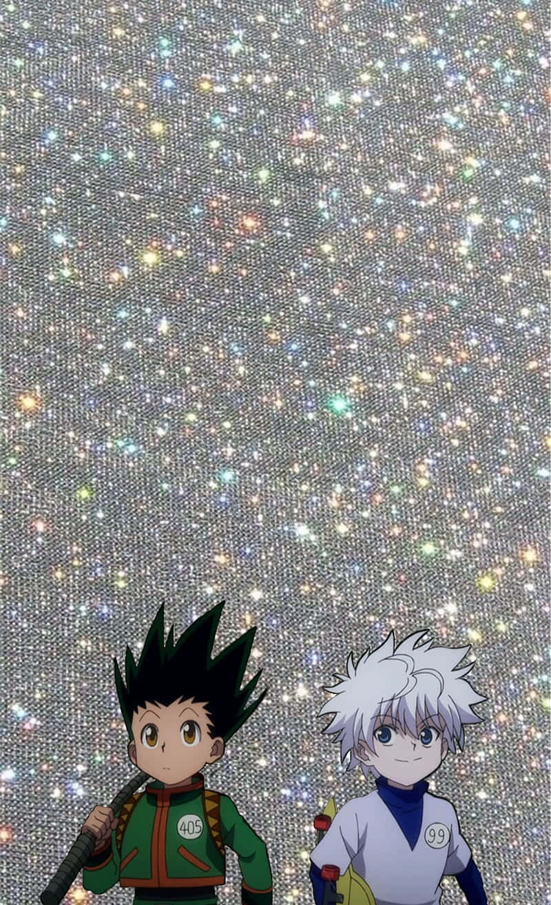 桌布 壁紙 — 兩個動漫角色站在閃爍的星空背景下，帶有閃亮的銀色和彩虹色調。