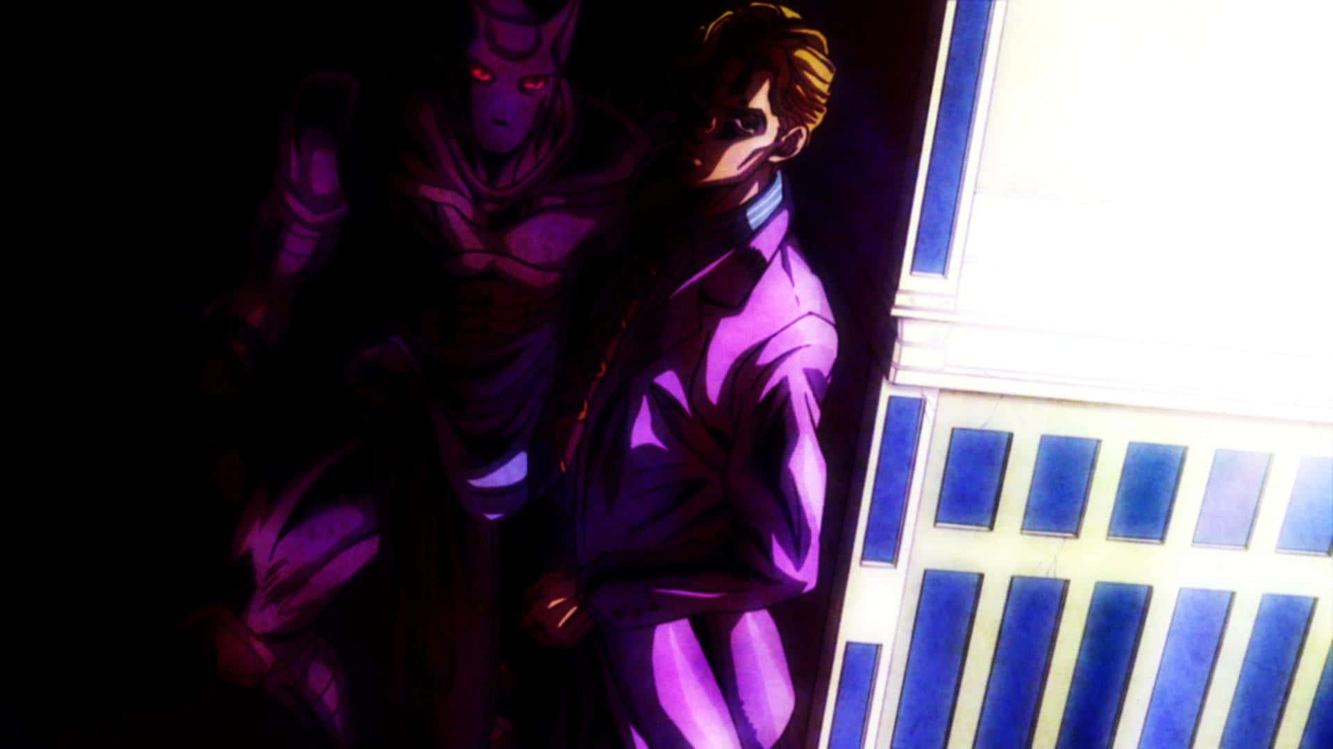 Kira Yoshikage 桌布 壁紙 — 兩個動漫角色站在陰暗的城市小巷中，身後有紫色燈光和藍色窗板發光。
