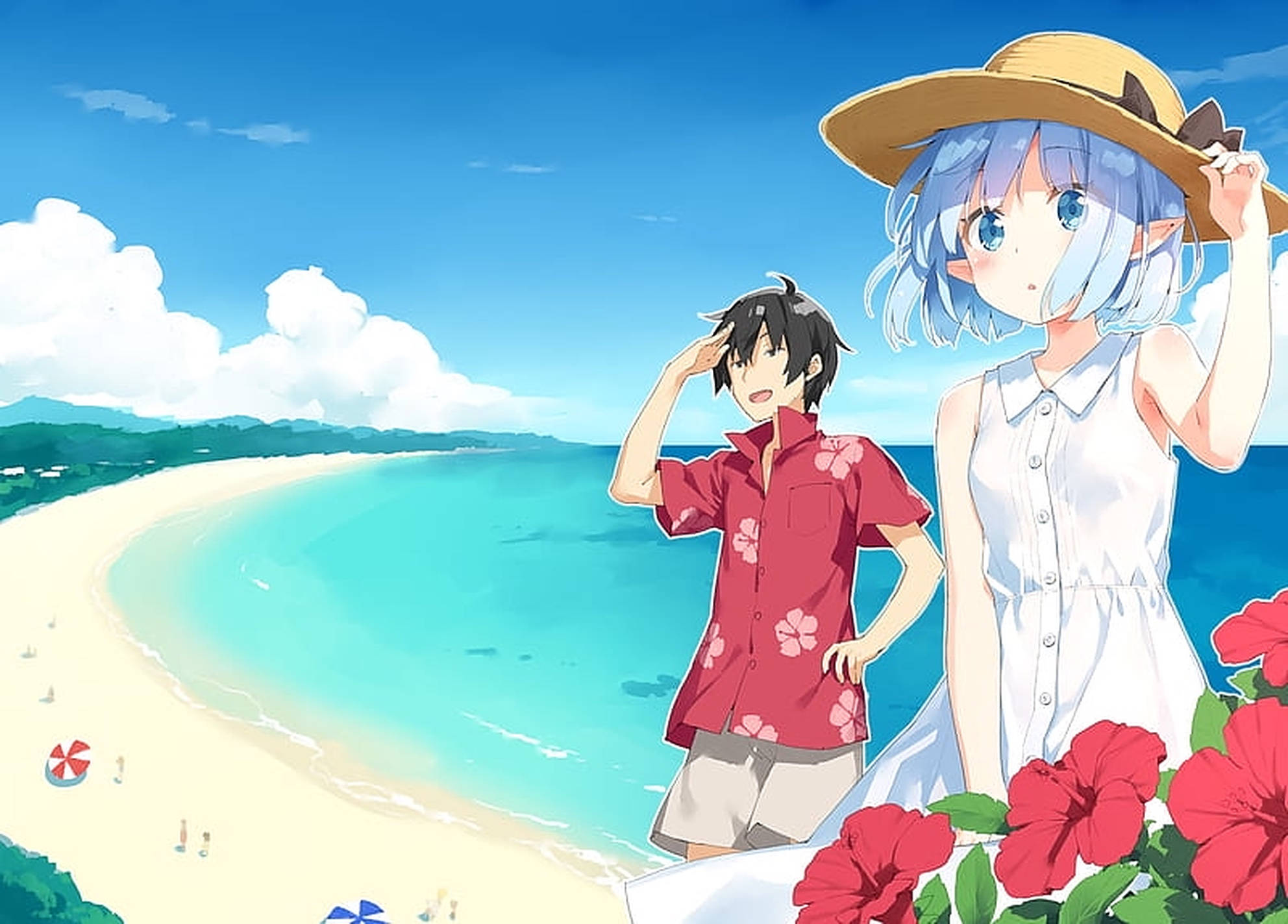 Beach Vacation 桌布 壁紙 — 兩個動漫角色站在陽光明媚的海灘上，前景有碧綠的海水和紅花。