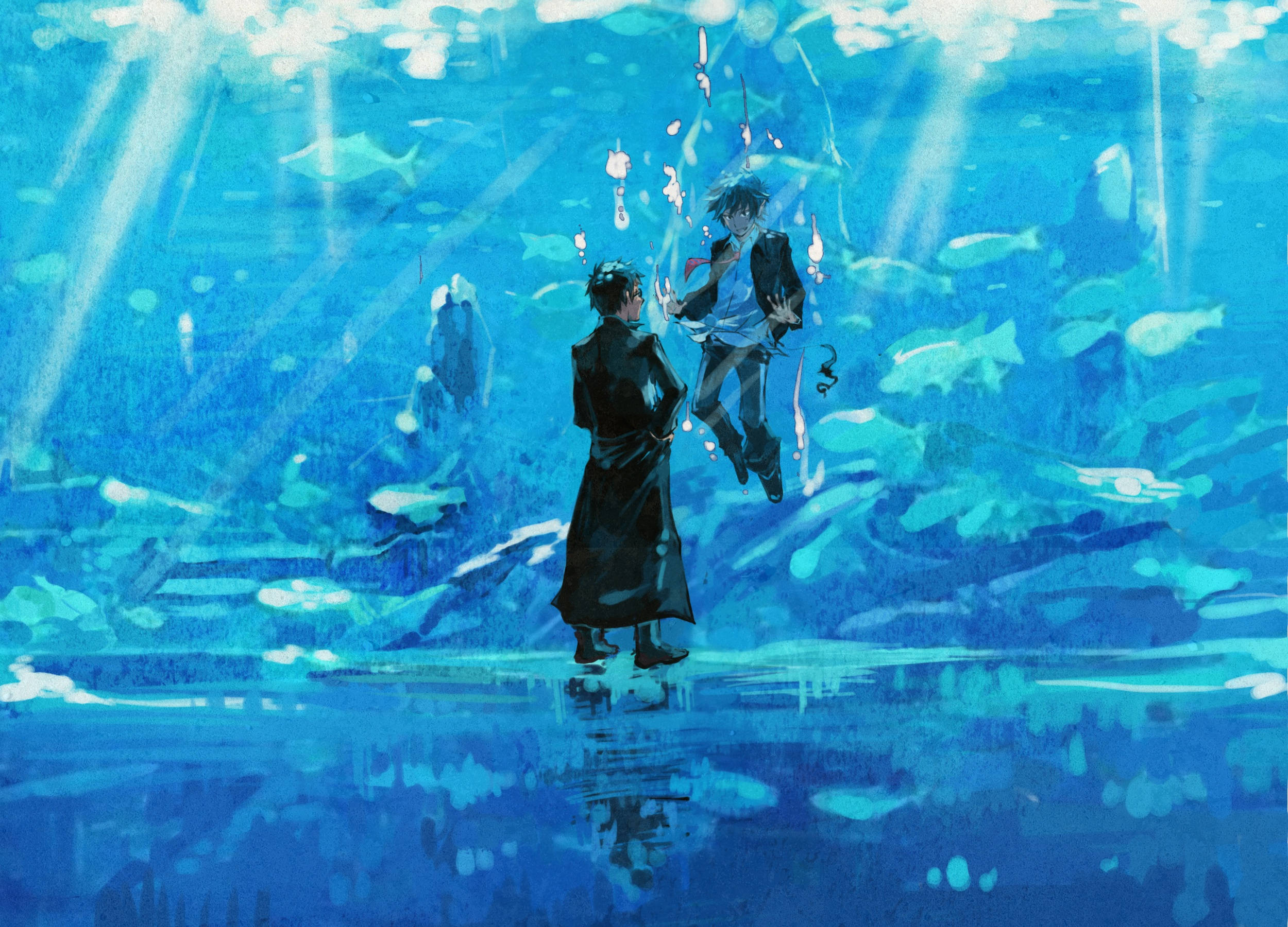 Blue Exorcist 桌布 壁紙 — 兩個動漫角色站在陽光普照的藍色水下世界，周圍有魚和發光粒子。