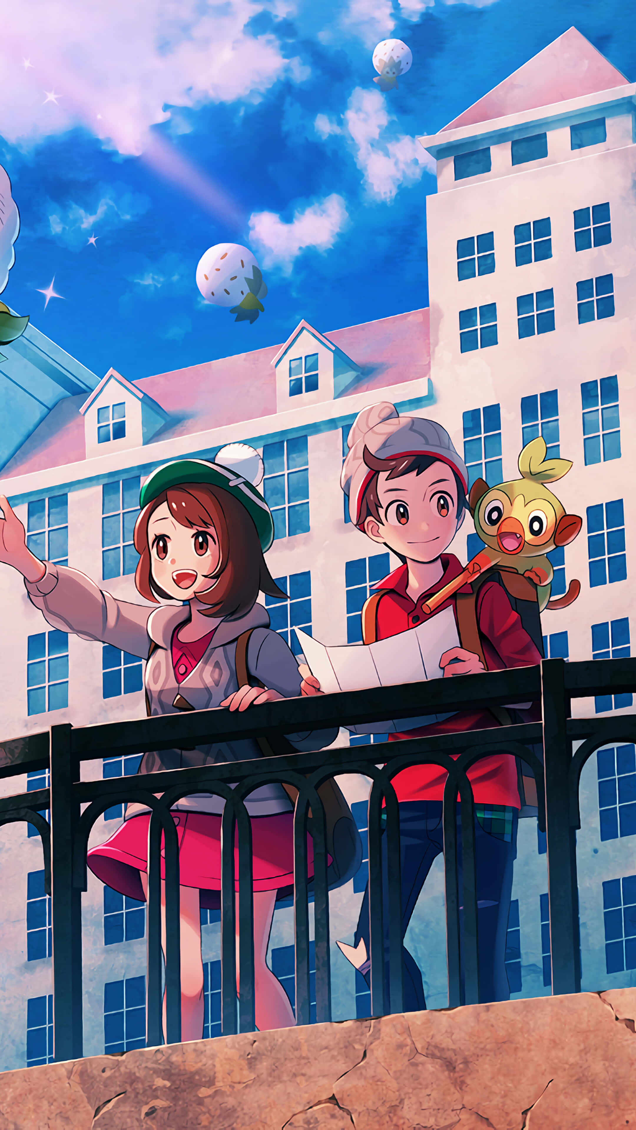 Pokemon Characters 桌布 壁紙 — 兩個動漫角色站在陽台上，俯瞰著帶有浮球和明亮藍天的城市景觀。