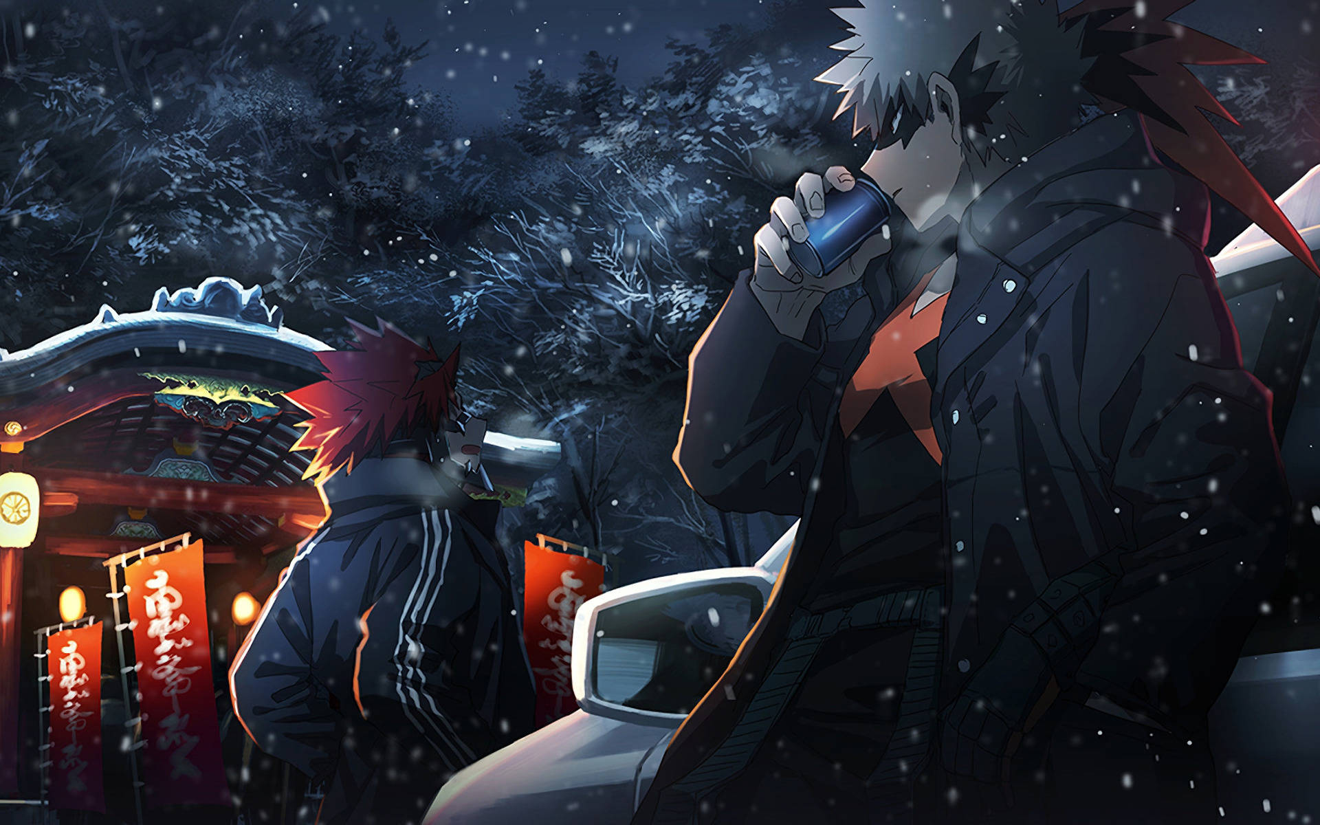Kirishima 桌布 壁紙 — 兩個動漫角色站在雪夜場景中，靠近一個傳統神社，有發光的燈籠和飄落的雪。