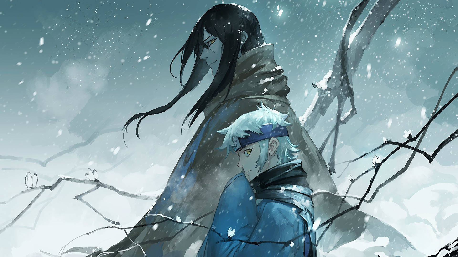 Orochimaru 桌布 壁紙 — 兩個動漫角色站在雪景中，有光禿禿的樹枝和飄落的雪花，天空灰濛濛。
