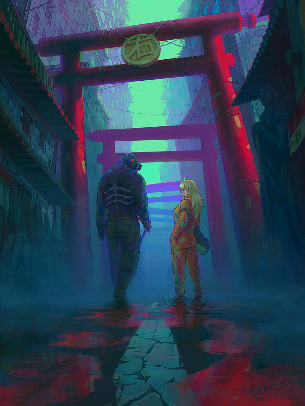dorohedoro 桌布 壁紙 — 兩個動漫角色站在霓虹燈閃爍的賽博龐克小巷中，一座發光的紅色鳥居下。