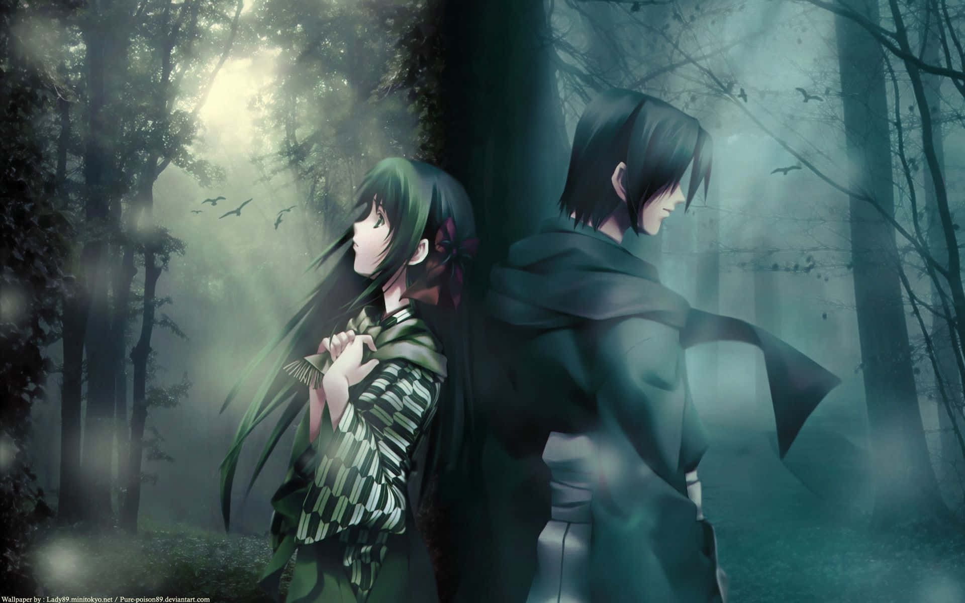 Beautiful Sad Anime 桌布 壁紙 — 兩個動漫角色站在霧氣瀰漫的森林中，鳥兒以柔和的綠色和灰色色調飛過。