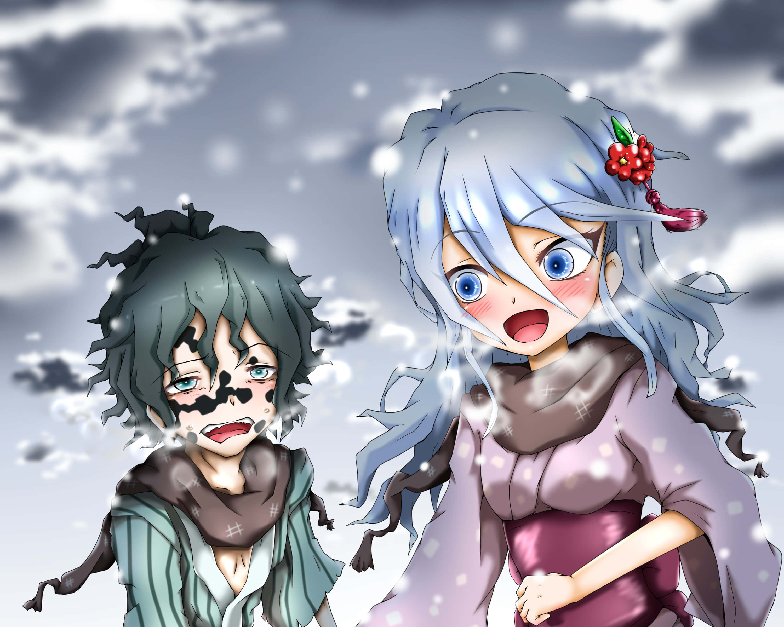 Daki Demon Slayer 桌布 壁紙 — 兩個動漫角色站在飄落的雪中，一個有藍色頭髮和紅色花朵飾品，另一個有深色頭髮和臉部彩繪。