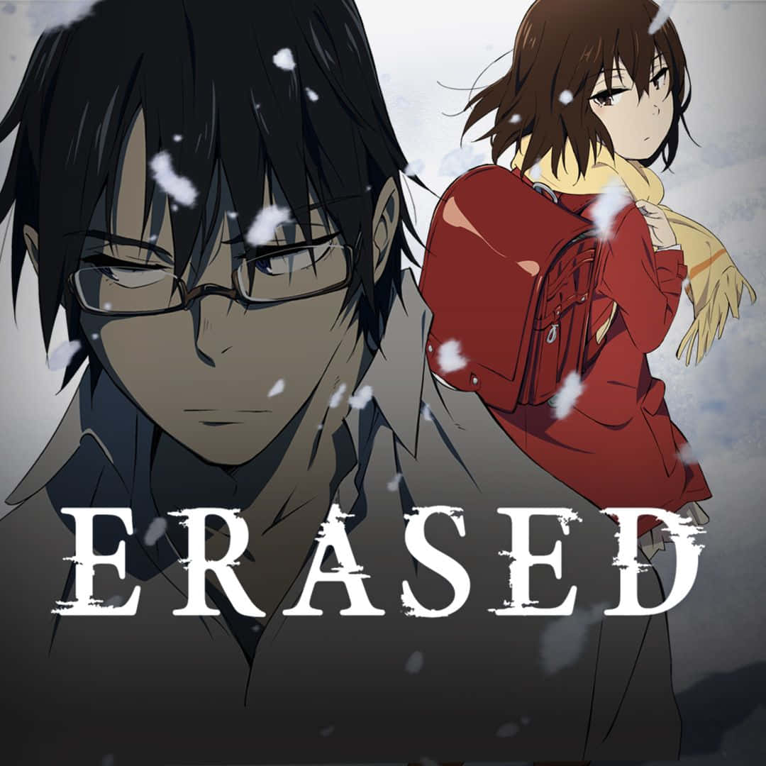 Erased 桌布 壁紙 — 兩個動漫角色站在飄落的雪中，下方醒目地顯示著「ERASED」一詞。