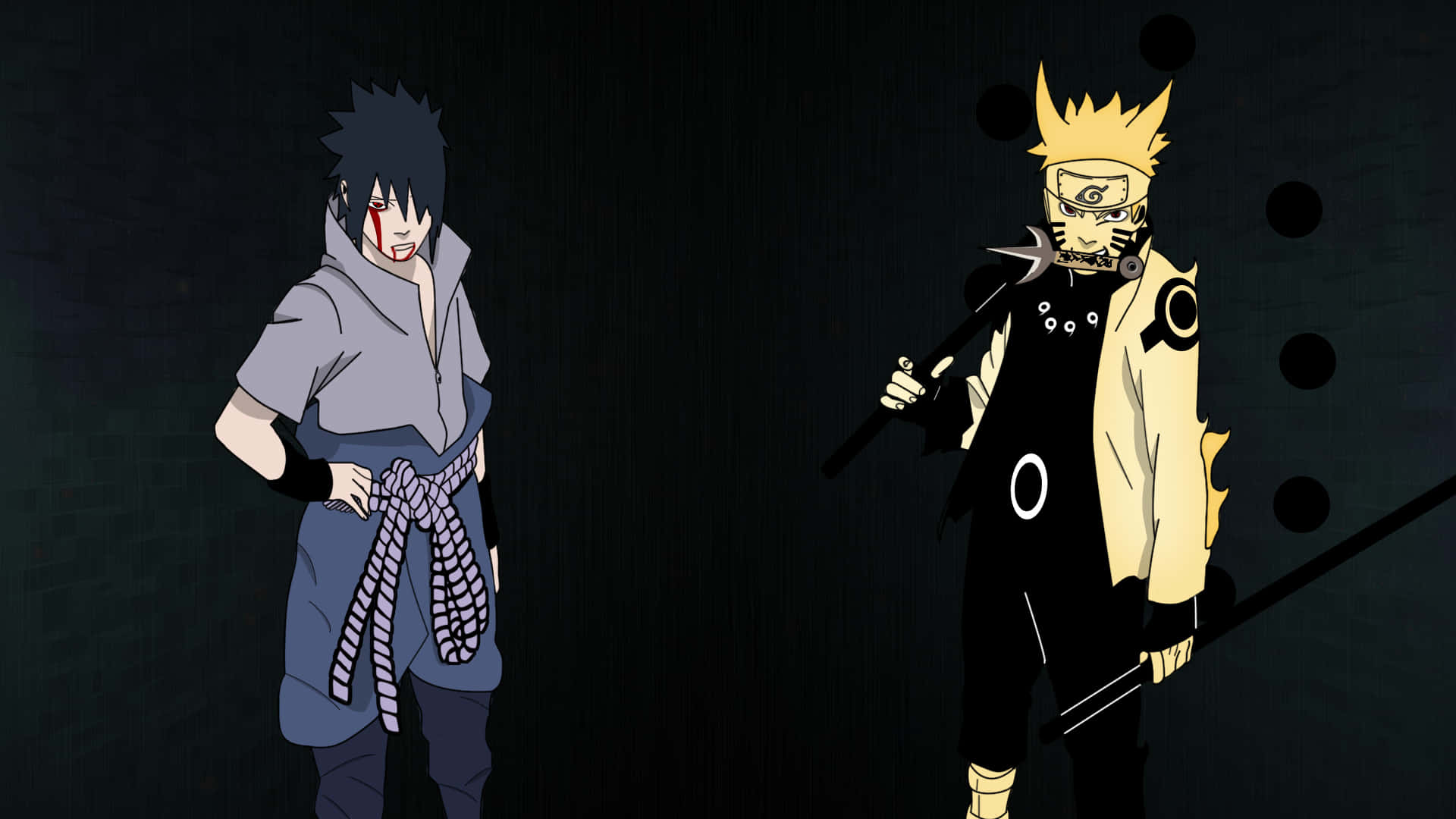 Naruto Sage Mode 桌布 壁紙 — 兩個動漫角色站在黑暗環境中，一個有尖刺黑髮和紅色眼睛標記，另一個有尖刺金髮手持武器。
