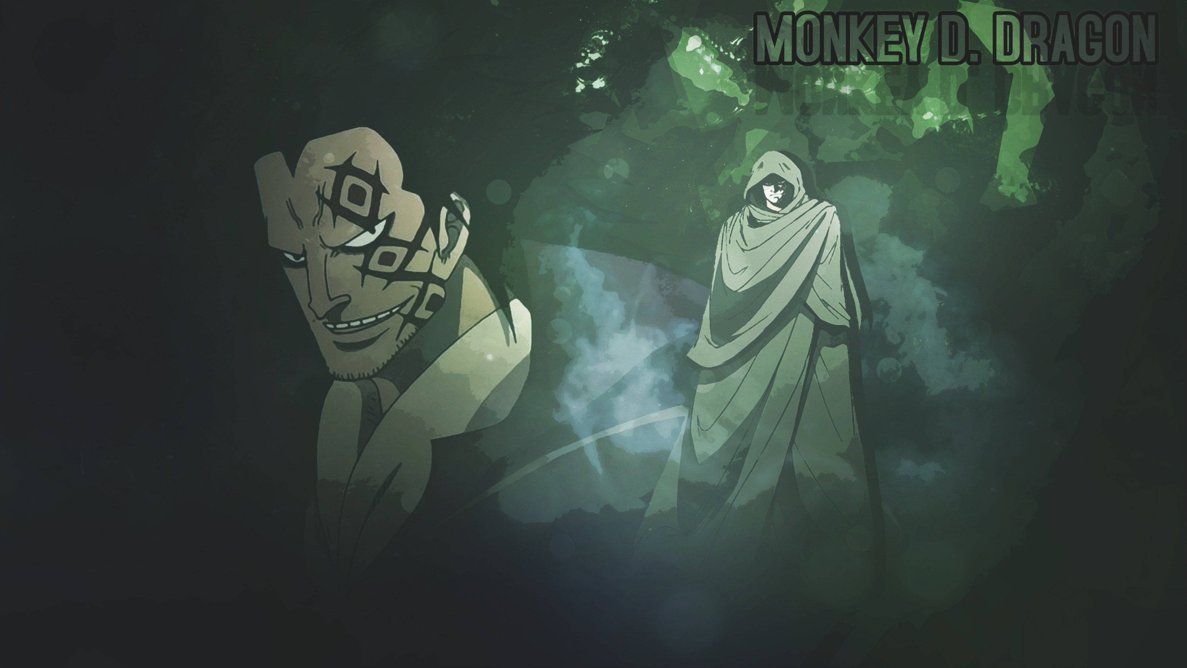 monkey d dragon 桌布 壁紙 — 兩個動漫角色站在黑暗的森林中，一個戴著面具，另一個穿著連帽長袍，在詭異的綠光下。