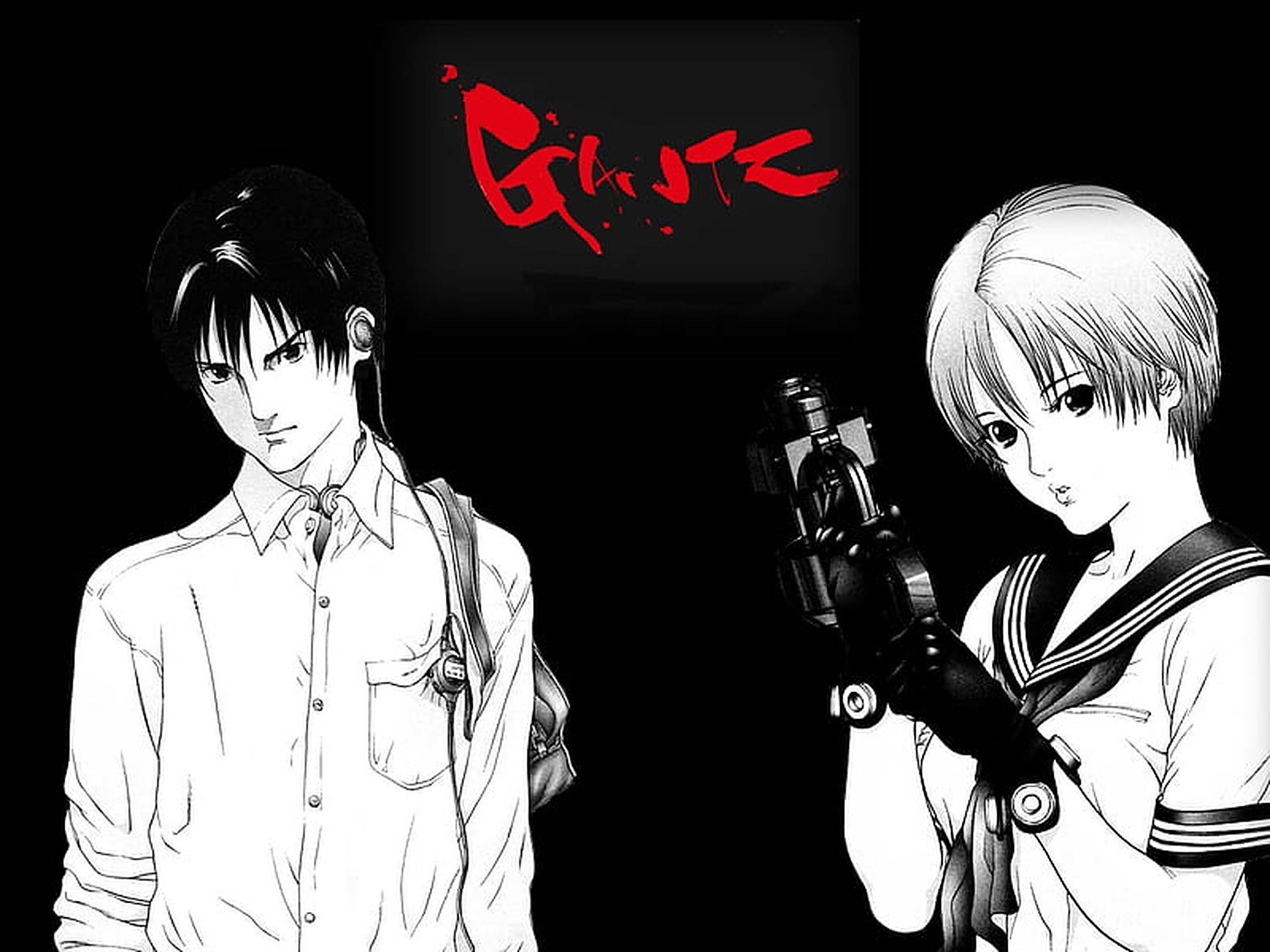 Gantz 桌布 壁紙 — 兩個動漫角色站在黑色背景前，上方有紅色風格化標題。